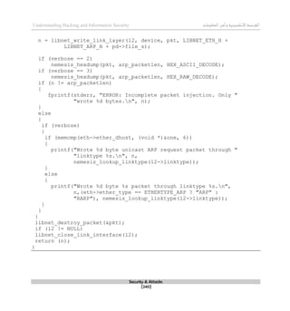 ‫اإل‬‫القرصنة‬
‫لكتروني‬
‫ة‬
‫المعلومات‬‫وأمن‬
Understanding Hacking and Information Security
Security & Attacks
[240]
n = libnet_write_link_layer(l2, device, pkt, LIBNET_ETH_H +
LIBNET_ARP_H + pd->file_s);
if (verbose == 2)
nemesis_hexdump(pkt, arp_packetlen, HEX_ASCII_DECODE);
if (verbose == 3)
nemesis_hexdump(pkt, arp_packetlen, HEX_RAW_DECODE);
if (n != arp_packetlen)
{
fprintf(stderr, "ERROR: Incomplete packet injection. Only "
"wrote %d bytes.n", n);
}
else
{
if (verbose)
{
if (memcmp(eth->ether_dhost, (void *)&one, 6))
{
printf("Wrote %d byte unicast ARP request packet through "
"linktype %s.n", n,
nemesis_lookup_linktype(l2->linktype));
}
else
{
printf("Wrote %d byte %s packet through linktype %s.n",
n,(eth->ether_type == ETHERTYPE_ARP ? "ARP" :
"RARP"), nemesis_lookup_linktype(l2->linktype));
}
}
}
libnet_destroy_packet(&pkt);
if (l2 != NULL)
libnet_close_link_interface(l2);
return (n);
}
 