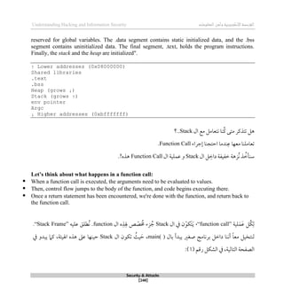 ‫اإل‬‫القرصنة‬
‫لكتروني‬
‫ة‬
‫المعلومات‬‫وأمن‬
Understanding Hacking and Information Security
Security & Attacks
[248]
reserved for global variables. The .data segment contains static initialized data, and the .bss
segment contains uninitialized data. The final segment, .text, holds the program instructions.
Finally, the stack and the heap are initialized".
↑ Lower addresses (0x08000000)
Shared libraries
.text
.bss
Heap (grows ↓)
Stack (grows ↑)
env pointer
Argc
↓ Higher addresses (0xbfffffff)
‫ال‬ ‫مع‬ ‫نتعامل‬ ‫ُنا‬‫ك‬ ‫متى‬ ‫تتذكر‬ ‫ذل‬
Stack
..
‫؟‬
‫معها‬ ‫تعاملنا‬
‫ندما‬‫ع‬
‫ا‬
‫حت‬
‫جنا‬
‫لجراء‬
Function Call
.
‫س‬
‫ذ‬ ُ
‫نأط‬
‫ُزذ‬‫ن‬
‫ة‬
‫طفيف‬
‫ة‬
‫ال‬ ‫ل‬‫داط‬
Stack
‫و‬
‫عملية‬
‫ال‬
Function Call
.!‫ذذه‬
Let’s think about what happens in a function call:
 When a function call is executed, the arguments need to be evaluated to values.
 Then, control flow jumps to the body of the function, and code begins executing there.
 Once a return statement has been encountered, we're done with the function, and return back to
the function call.
‫لية‬َ‫م‬َ‫ع‬ ‫ُل‬‫ك‬‫ل‬
“function call”
،
‫ال‬ ‫يف‬ ‫ن‬ّ‫َكو‬‫ت‬َ‫ي‬
Stack
‫ال‬ ‫ه‬‫ذ‬‫هل‬ ‫ص‬ ّ
‫ص‬ ُ‫ُم‬ ‫زء‬ ُ‫ج‬
function
‫عليه‬ ‫ُطلق‬‫ن‬ .
“Stack Frame”
.
‫بال‬ ‫يبدأ‬ ‫صغري‬ ‫برنامج‬ ‫داطل‬ ‫أننا‬ ً‫ا‬‫مع‬ ‫لنتخيل‬
main( )
،
‫ال‬ ‫تكون‬ ُ
‫يث‬ َ‫ح‬
Stack
‫اهليئة‬ ‫ذذه‬ ‫عىل‬ ‫حينها‬
،
‫يف‬ ‫يبدو‬ ‫كام‬
،‫التالية‬ ‫الصفحة‬
‫يف‬
‫رقم‬ ‫الشكل‬
(
1
)
:
 