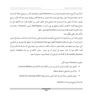 ‫اإللكتروني‬‫القرصنة‬
‫ة‬
‫وأ‬
‫المعلومات‬‫من‬
Understanding Hacking and Information Security
Programming
[26]
‫ال‬ ‫من‬ ‫معينة‬ ‫جمموعة‬ ‫استخدام‬ ‫ربمج‬ُ‫مل‬‫ا‬ ‫يود‬ ً‫ا‬‫أحيان‬
Instructions
‫قمث‬ ،‫ع‬‫وض‬َ‫م‬ ‫من‬ ‫أكثر‬ ‫يف‬ ‫بتنفيذذا‬ ‫ليقوم‬
ً‫ال‬
‫قرضنا‬ ‫لذا‬
‫ب‬ ‫اتصال‬ ‫قناة‬ ‫بإنشاء‬ ‫تقوم‬ ‫برجمية‬ ‫أسطر‬ ‫جمموعة‬ ‫بكتابة‬ ‫قمنا‬ ‫أننا‬
Server
‫وبطريق‬ ‫دد‬ ُ
‫حم‬
‫ة‬
‫برنامج‬ ‫ُب‬‫ت‬‫نك‬ ‫ُنا‬‫ك‬ ‫قإذا‬ ،‫معينة‬
‫م‬ ‫قليس‬ ،‫الكود‬ ‫داطل‬ ‫مواضع‬ ‫عدة‬ ‫يف‬ ‫السريقر‬ ‫ِبذا‬ ‫نتصل‬ ‫أن‬ ‫نا‬‫وأرد‬ ،‫طويل‬
‫مر‬ ‫كل‬ ‫األسطر‬ ‫ذذه‬ ‫تكرار‬ ‫احلكمة‬ ‫ن‬
‫ة‬
‫مك‬ُ‫ي‬ ،‫االتصال‬ ‫إلنشاء‬ ‫قيها‬ ‫نحتاج‬
‫ب‬ ‫أشبه‬ ‫يشء‬ ‫يف‬ ‫وضعهم‬ ‫ننا‬
Sub-Program
‫ى‬ّ‫سم‬ُ‫ي‬
"
Function
"
.
‫أردنا‬ ‫وكلام‬
‫ال‬ ‫ذذه‬ ‫عنوان‬ ‫بكتابة‬ ‫اكتفينا‬ ‫االتصال‬ ‫لنشاء‬
Function
.‫اجلهد‬ ‫لتوقري‬ ‫ققط‬
‫ل‬
:‫عليه‬ ‫ق‬ِّ‫ب‬َ‫ط‬ُ‫ن‬‫ل‬ ‫واقعي‬ ‫ثال‬‫م‬ ‫ذ‬ ُ
‫نأط‬
‫حتدد‬ ‫أن‬ ‫وتود‬ ،‫قليل‬ ‫بعد‬ ‫فرتق‬ُ‫م‬ ‫ُصادف‬‫ت‬ ‫ثم‬ ‫الشوارع‬ ‫أحد‬ ‫يف‬ ‫سيارتك‬‫ب‬ ‫َسري‬‫ت‬ ‫أنك‬ ‫ض‬‫نفر‬‫ل‬
‫اليمني‬ ‫لىل‬ ‫ستتجه‬ ‫كنت‬ ‫لذا‬ ‫ما‬
‫كتابة‬‫ب‬ ‫نا‬ُ‫ذ‬ ‫سنقوم‬ ،!‫اليسار‬ ‫لىل‬ ‫أو‬
Function
‫عليها‬ ‫ق‬‫ُطل‬‫ن‬
Function Turn
‫التفاصيل‬ ‫ن‬‫م‬ ‫جمموعة‬ َ
‫لك‬ ‫ز‬ِّ‫ُجه‬‫ن‬‫س‬ ‫أننا‬ ‫أي‬
‫مس‬ ‫بتغيري‬ ‫رغبتك‬ ‫عند‬ ‫اتباعها‬ ‫يتم‬ ‫سوف‬ ‫التي‬
‫برجمية‬ ‫ميزة‬ ‫سنستخدم‬ ‫ولكننا‬ ،!‫ارك‬
‫أن‬ ‫يف‬ ‫القرار‬ ‫لك‬ ‫سنرتك‬ ‫أننا‬ ‫وذي‬
‫االجت‬ ‫دد‬ ُ
‫حت‬
‫ذاته‬ ‫حد‬ ‫يف‬ ‫االجتاه‬ ‫سنعترب‬ .‫اليسار‬ ‫اىل‬ ‫أم‬ ‫اليمني‬ ‫لىل‬ ‫ستتجه‬ ‫كنت‬ ‫اذا‬ ‫قيام‬ ‫اه‬
Variable
‫يه‬ِّ‫م‬ َ‫ُس‬‫ن‬ َ
‫س‬
variable_direction
‫ال‬ ‫تقوم‬ ‫م‬ُ‫ث‬ ‫أنت‬ ُ‫ه‬ُ‫د‬‫د‬َ ُ
‫حت‬ ‫أن‬ َ
‫ك‬َ‫ل‬
Turn( )
‫عليه‬ ً‫ء‬‫بنا‬ ‫عملها‬ ‫بإجراء‬
‫ال‬ ‫ستقوم‬
Function
:‫اآليت‬ ‫بتنفيذ‬

‫اإلشار‬ ‫ضوء‬ ‫تشغيل‬
‫ة‬
‫ا‬ ‫حسب‬ ‫اليُسى‬ ‫أو‬ ‫اليمنى‬
‫لليه‬ ‫االنتقال‬ ‫املراد‬ ‫إلجتاه‬
(
(Activate Blinker
.

‫السيار‬ ‫تبدأ‬
‫ة‬
‫بالتباطئ‬
(
(Slow down
.

!‫لليها‬ ‫سندطل‬ ‫التي‬ ‫احلارة‬ ‫يف‬ ‫املرور‬ ‫حركة‬ ‫بتفحص‬ ‫سنقوم‬
(Check for oncoming traffic)
.
‫ال‬ ‫ذذه‬ ‫عمل‬ ‫وضح‬ُ‫ي‬ ‫ثال‬‫م‬ ‫ذذا‬
function
:
 