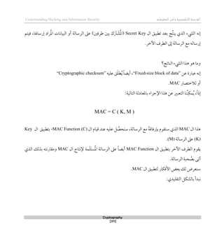 ‫اإللكتروني‬‫القرصنة‬
‫ة‬
‫المعلوما‬‫وأمن‬
‫ت‬
Understanding Hacking and Information Security
Cryptography
[371]
‫ال‬ ‫تطبيق‬ ‫بعد‬ ‫ُج‬‫ت‬‫ين‬ ‫الذي‬ ‫اليشء‬ ‫لنه‬
Secret Key
‫قيتم‬ ،‫لرساهلا‬ ‫راد‬ُ‫مل‬‫ا‬ ‫البيانات‬ ‫أو‬ ‫الرسالة‬ ‫عىل‬ )‫طرقني‬ ‫بني‬ ‫ك‬َ َ
‫رت‬ َ
‫ش‬ُ‫مل‬‫(ا‬
.‫اآلطر‬ ‫الطرف‬ ‫لىل‬ ‫الرسالة‬ ‫مع‬ ‫لرساله‬
‫الناتج؟‬ ‫اليشء‬ ‫ذذا‬ ‫ذو‬ ‫وما‬
‫عبار‬ ‫لنه‬
‫ة‬
‫عن‬
“Fixed-size block of data”
َ‫ل‬‫ط‬ُ‫ي‬ ً‫ا‬‫أيض‬ ،
‫عليه‬ ‫ق‬
“Cryptographic checksum”
‫لالطتصار‬ ‫أو‬
MAC
.
‫التالي‬ ‫باملعادلة‬ ‫اإلجراء‬ ‫ذذا‬ ‫عن‬ ‫التعبري‬ ‫ُنا‬‫ن‬‫مك‬ُ‫ي‬ ،ً‫ا‬‫لذ‬
‫ة‬
:
MAC = C ( K, M )
‫ال‬ ‫ذذا‬
MAC
‫ال‬ ‫قيام‬ ‫عند‬ ‫عليه‬ ‫ل‬ ُ
‫سنحص‬ ،‫الرسالة‬ ‫مع‬ ُ‫ه‬‫بإرقاق‬ ‫سنقوم‬ ‫الذي‬
MAC Function (C)
،
‫بتطبيق‬
‫ال‬
Key
(K)
‫الرسالة‬ ‫عىل‬
(M)
.
‫ال‬ ‫يقوم‬
‫ال‬ ‫بتطبيق‬ ‫اآلطر‬ ‫طرف‬
MAC Function
‫م‬َ‫ل‬َ‫ت‬‫س‬ُ‫مل‬‫ا‬ ‫الرسالة‬ ‫عىل‬ ً‫ا‬‫أيض‬
‫ة‬
‫ال‬ ‫إلنتاج‬
MAC
‫ومقارنته‬
‫الذي‬ ‫بذلك‬
.‫الرسالة‬ ‫حبة‬ ُ
‫بص‬ ‫أتى‬
‫ال‬ ‫لتطبيق‬ ‫األقكار‬ ‫بعض‬ ‫لك‬ ‫سنعرض‬
MAC
.
:‫التقليدي‬ ‫بالشكل‬ ‫نبدأ‬
 