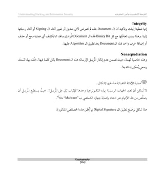 ‫اإللكتروني‬‫القرصنة‬
‫ة‬
‫المعلوما‬‫وأمن‬
‫ت‬
Understanding Hacking and Information Security
Cryptography
[374]
Integrity
‫ال‬ ‫أن‬ ‫وتأكيد‬ ‫لثبات‬ ‫تعطينا‬ ‫لهنا‬
Document
‫ال‬ ‫أثناء‬ ‫تغيري‬ ‫أو‬ ‫تعديل‬ ‫ألي‬ ‫تتعرض‬ ‫مل‬ ‫ذذه‬
Signing
‫رحلتها‬ ‫أثناء‬ ‫أو‬
‫كل‬ ‫مع‬ ‫ها‬‫ل‬ُ‫م‬‫تعا‬ ‫بسبب‬ ‫وذذا‬ .‫للينا‬
Bit
Binary
‫ال‬ ‫هلذه‬
Document
‫ل‬ ‫راد‬ُ‫مل‬‫ا‬
‫حذف‬ ‫أو‬ ‫دمج‬ ‫عملية‬ ‫أي‬ ‫ف‬‫كش‬َ‫ي‬ ‫ُما‬ ،‫رساهلا‬
‫ال‬ ‫هلذه‬ ‫واحد‬ ‫حرف‬ ‫لضاقة‬ ‫أو‬
Document
‫ال‬ ‫تطبيق‬ ‫بعد‬
Algorithm
‫عليها‬
.
Nonrepudiation
‫ال‬ ‫ذذه‬ ‫إلرساله‬ ‫ل‬‫رس‬ُ‫مل‬‫ا‬ ‫لنكار‬ ‫عدم‬ ‫تضمن‬ ‫حيث‬ ،‫همة‬ُ‫م‬ ‫طاصية‬ ‫وذذه‬
Document
،!‫قيها‬ ‫كلمة‬ ‫بكل‬
‫َد‬‫ن‬‫ست‬ُ‫م‬ ‫ِبذا‬ ‫د‬َ‫ع‬ُ‫ت‬‫ق‬
.!‫به‬ ‫لدانته‬ ‫ن‬‫مك‬ُ‫ي‬ ‫رسمي‬
‫اإلدانة‬ ‫عملية‬
‫لشكال‬ ‫قيها‬ ‫ذذه‬ ‫القضائية‬
..
‫مكن‬ُ‫ي‬ ‫ال‬
‫تعتد‬ ‫أن‬
‫الرسمية‬ ‫اجلهات‬
‫التكنولوجيا‬ ‫ِبذه‬
‫وحدذا‬
‫ل‬‫رس‬ُ‫مل‬‫ا‬ ‫عىل‬ ِّ
‫ني‬َ‫ب‬ ‫كإثبات‬
!
.
ُ
‫حيث‬
ُ‫مل‬‫ا‬ ‫يستطيع‬
‫أن‬ ‫ل‬‫رس‬
‫اإلهتام‬ ‫ذذا‬ ‫من‬ ‫ص‬‫يتمل‬
‫عرب‬
‫ب‬ ‫الشخيص‬ ‫جهازه‬ ‫بإصابة‬ ‫ادعائه‬
“Malware”
ً‫ال‬‫مث‬
"
.
‫ال‬ ‫تطبيق‬ ‫يوضح‬ ‫شكل‬ ‫ذذا‬
Digital Signature
:‫املذكورة‬ ‫اخلصائص‬ ‫ذذه‬ ‫قق‬ ُ
‫حي‬ ‫بام‬
 