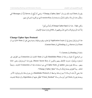 ‫اإللكتروني‬‫القرصنة‬
‫ة‬
‫المعلوما‬‫وأمن‬
‫ت‬
Understanding Hacking and Information Security
Cryptography
[403]
‫ال‬ ‫يقوم‬
Client
‫ذلك‬ ‫بعد‬
‫بإرسال‬
“Change_Cipher_Spec”
،
‫وتعني‬
‫ال‬ ‫غ‬‫ل‬‫ب‬ُ‫ي‬ ‫أنه‬
Server
‫بأن‬
‫ال‬
Messages
‫التي‬
‫ال‬ ‫باستخدام‬ ‫ره‬‫شف‬ُ‫م‬ ‫ستكون‬ ‫سالة‬‫الر‬ ‫ذذه‬ ‫ب‬ُ‫ق‬‫ستع‬
session Key
‫منهم‬ ‫كل‬ ‫لدى‬ ‫تكوينه‬ ‫تم‬ ‫الذي‬
.
‫ال‬ ‫ذذا‬ ..!‫حلظة‬ ‫ولكن‬
(Change Cipher Spec)
!‫بل‬َ‫ق‬ ‫ن‬‫م‬ ُ‫ه‬‫رأينا‬
‫ال‬ ‫يوظفهم‬ َ‫كان‬ ‫الذي‬ ‫وتوكوالت‬ ُ
‫الرب‬ ‫أحد‬ ُ‫ه‬‫لن‬
SSL
.‫اإلتصال‬ ‫عملية‬ ‫لدارة‬ ‫يف‬
Change Cipher Spec Protocol
‫ال‬ ‫يف‬ ‫يعمل‬ ‫الربوتوكول‬ ‫ذذا‬
Application Layer
‫ال‬ ‫نقل‬ َ‫وذي‬ ‫وحيدة‬ ‫بوظيفة‬ ‫ويقوم‬ ،‫نعلم‬ ‫كام‬
State
‫احلالي‬
‫ة‬
‫ال‬ ‫بني‬
Client
‫وال‬
Server
‫ال‬ ‫من‬
Pending
‫ال‬ ‫لىل‬
Current State
.
‫ال‬ ‫ماذذا‬
Pending
‫وال‬
Current
‫؟‬..
‫ال‬ ‫مرحلة‬ ‫طوال‬ ‫أنه‬ ‫الواضح‬ ‫من‬
Handshake Phase
‫ا‬ ‫تكون‬
‫ل‬
State
‫بال‬ ‫اخلاصة‬
Connection
‫غري‬ ‫الطرقني‬ ‫بني‬
‫ستقر‬ُ‫م‬
‫ة‬
‫ال‬ ‫وتكوين‬ ‫بينهم‬ ‫اإلتفاق‬ ‫حدوث‬ ‫د‬‫جر‬ُ‫م‬‫وب‬ ،
Master Secret Key
‫احلالة‬ ‫بتغيري‬ ‫الربوتوكول‬ ‫ذذا‬ ‫يقوم‬ ،
‫بعمل‬ ‫يقوم‬ ‫ببساطة‬ ..‫بينهم‬
update
‫لل‬
Cipher Suite
‫ال‬ ‫ذا‬‫هل‬ ‫استخدامه‬ ‫يتم‬ ‫كي‬
Connection
ً‫ة‬‫ونتيج‬ .‫ث‬‫احلاد‬
..‫لذلك‬
‫الرسالة‬ ‫ل‬ُ‫د‬‫َبا‬‫ت‬‫ب‬ ‫بعدذا‬ ‫الطرقني‬ ‫يبدأ‬
“Change_Cipher_Spec”
.
‫ال‬ ‫بواسطة‬ ‫لرساهلا‬ ‫يتم‬ ‫ال‬ ‫الرسالة‬ ‫ذذه‬ ‫أن‬ ‫يعني‬ ‫ذذا‬
Handshake Protocol
.‫اآلطر‬ ‫بالربوتوكول‬ ‫لرساهلا‬ ‫يتم‬ ‫بل‬ ،
‫ال‬ ‫يقوم‬ ‫وبعدذا‬
Client
‫رسالة‬ ‫بإرسال‬ ً‫ا‬‫قور‬
“Client_finished”
‫ق‬‫ب‬َ‫ط‬ُ‫م‬
‫ال‬ ‫عليها‬
Algorithms
‫وال‬
Keys
،‫اجلديدة‬
 