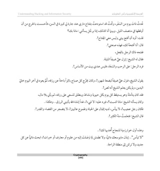 ‫اإللكتروني‬‫القرصنة‬
‫ة‬
‫المعلوما‬‫وأمن‬
‫ت‬
Understanding Hacking and Information Security
Cryptography
[419]
‫السن‬ ‫يف‬ ‫كبرية‬ ‫يل‬ ‫جارة‬ ‫عند‬ ‫داري‬ ‫فتاح‬‫م‬ ُ
‫استودعت‬ ‫قد‬ ُ
‫ُنت‬‫ك‬‫و‬ ،‫ر‬َ‫ف‬ َ
‫الس‬ ‫من‬ ‫يوم‬ َ
‫ذات‬ ُ
‫دت‬ُ‫ع‬
،
‫أن‬ ‫من‬ ‫باحلرج‬ ‫قأحسست‬
‫بك؟‬ ‫ماذا‬ :‫يسألني‬ ‫ل‬ ُ‫برج‬ ‫لذا‬ ،‫كذلك‬ ‫أنا‬ ‫وبينام‬ .‫الليل‬ ‫منتصف‬ ‫يف‬ ‫أوقظها‬
.!‫فتاح‬‫امل‬ ‫معي‬ ‫وليس‬ ‫بيتي‬ ‫أقتح‬ ‫أن‬ ‫أود‬ :‫قلت‬
.!‫صنعتي‬ ‫قهذه‬ ،‫لك‬ ُ‫ه‬‫أقتح‬ ‫أنا‬ :‫قال‬
،‫عل‬‫بالف‬ ‫الرجل‬ ‫ذاك‬ ‫قفتحه‬
‫الليل‬ ً‫ا‬‫ضيف‬ ‫عيل‬ ‫لنزل‬ :‫الشيخ‬ ‫له‬ ‫ققال‬
‫ة‬
.
َ‫ع‬ َ‫والس‬ ‫الرحب‬ ‫عىل‬ :‫الرجل‬ ‫قرد‬
‫ة‬
.!‫األساس‬ ‫من‬ ‫بيت‬ ‫عندي‬ ‫قليس‬ ،
‫م‬ُ‫ث‬ ،‫زقه‬‫ر‬ ‫عن‬ ً‫ا‬‫باحث‬ ً‫ا‬‫ر‬‫باك‬ ‫صباح‬ ‫كل‬ ‫ج‬ ُ‫خير‬ ‫وكان‬ ،!‫شهور‬ ‫لبضعة‬ ً‫ا‬‫ضيف‬ ‫عيل‬ ‫قنزل‬ ،‫الشيخ‬ ‫يقول‬
َ‫يل‬‫طا‬ ‫اليوم‬ ‫آطر‬ ‫يف‬ ‫يعود‬
‫اليدين‬
.!‫لص‬ ‫أنه‬ ‫الشيخ‬ ‫يعلم‬ ‫يكن‬ ‫ومل‬ ،
‫وينطلق‬ ‫ونشاط‬ ‫حيوية‬ ‫بكل‬ ‫يوم‬ ‫كل‬ ‫يستيقظ‬ ‫وذو‬ ُ‫ه‬‫يتأمل‬ ‫كان‬ ‫ققد‬
،‫رزقه‬ ‫عىل‬ ‫للسعي‬
‫مال‬ ‫بال‬ ‫يأيت‬ ‫ثم‬
،
..‫وذكذا‬ ..‫الرزق‬ ‫يأتيني‬ ‫لنشاءاهلل‬ ً‫ا‬‫غد‬ ،!‫يشء‬ ‫ال‬ :‫عليه‬ ‫قريد‬ ،‫كسبت؟‬ ‫ماذا‬ :‫الشيخ‬ ‫يسأله‬ ‫وكان‬
‫احليا‬ ‫عىل‬ ‫لقبال‬ ‫لديه‬ ،‫ييأس‬ ‫ال‬ ،!‫عجيب‬ ‫رجل‬ ‫قكان‬
‫ة‬
.!‫والقدر‬ ‫القضاء‬ ‫من‬ ‫يتضجر‬ ‫ال‬ ،!‫عاليني‬ ‫وطموح‬
.!‫الكثري‬ ُ‫ه‬‫من‬ ُ
‫قتعلمت‬ :‫الشيخ‬ ‫قال‬
‫أول‬ ‫وذذه‬
ُ‫أ‬ ‫للنجاح‬ ‫طوارزمية‬
‫ذدهيا‬
‫لك‬
..!
"
‫تيأس‬ ‫ال‬
"
..
‫كل‬ ‫عن‬ ً‫ام‬‫دائ‬ ‫ابحث‬ ،!‫طربات‬ ‫أو‬ ‫معارف‬ ‫أو‬ ‫علوم‬ ‫من‬ ‫لليه‬ َ
‫لت‬ َ
‫ص‬َ‫و‬ ‫ا‬‫مل‬ ‫تطمئن‬ ‫وال‬ ،ً‫ام‬‫دائ‬ ‫مابوسعك‬ ‫لبذل‬
.‫الراحة‬ ‫منطقة‬ ‫لىل‬ ‫تركن‬ ‫وال‬ ‫جديد‬
 