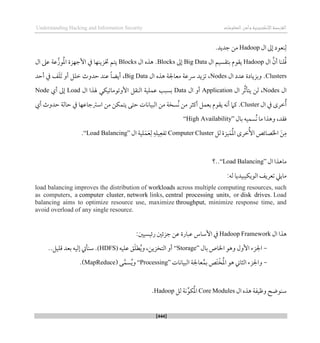 ‫اإللكتروني‬‫القرصنة‬
‫ة‬
‫المعلوما‬‫وأمن‬
‫ت‬
Understanding Hacking and Information Security
[444]
‫ال‬ ‫لىل‬ ‫نعود‬‫ل‬
Hadoop
.‫جديد‬ ‫من‬
‫ال‬ ‫أن‬ ‫لنا‬ُ‫ق‬
Hadoop
‫ال‬ ‫بتقسيم‬ ‫يقوم‬
Big Data
‫لىل‬
Blocks
.
‫ال‬ ‫ذذه‬
Blocks
‫ال‬ ‫عىل‬ ‫عة‬‫وز‬ُ‫مل‬‫ا‬ ‫األجهزة‬ ‫يف‬ ‫ختزينها‬ ‫يتم‬
Clusters
‫ال‬ ‫عدد‬ ‫وبزيادة‬ .
Nodes
‫معاجل‬ ‫ِسعة‬ ‫تزيد‬ ،
‫ال‬ ‫ذذه‬ ‫ة‬
Big Data
،
‫أحد‬ ‫يف‬ ‫ف‬َ‫ل‬َ‫ت‬ ‫أو‬ ‫طلل‬ ‫حدوث‬ ‫عند‬ ً‫ا‬‫أيض‬
‫ال‬
Nodes
‫ال‬ ‫ر‬‫يتأث‬ ‫لن‬ ،
Application
‫ال‬ ‫أو‬
Data
‫األوتو‬ ‫النقل‬ ‫عملية‬ ‫بسبب‬
‫م‬
‫اتيكي‬
‫ال‬ ‫هلذا‬
Load
‫أي‬ ‫لىل‬
Node
‫ال‬ ‫يف‬ ‫طرى‬ُ‫أ‬
Cluster
‫حدوث‬ ‫حالة‬ ‫يف‬ ‫اسرتجاعها‬ ‫من‬ ‫يتمكن‬ ‫حتى‬ ‫البيانات‬ ‫من‬ ‫ُسخة‬‫ن‬ ‫من‬ ‫أكثر‬ ‫بعمل‬ ‫يقوم‬ ‫أنه‬ ‫كام‬ .
‫أي‬
‫بال‬ ‫ُسميه‬‫ن‬ ‫ما‬ ‫وذذا‬ ،‫ققد‬
“High Availability”
‫لل‬ ‫يزة‬َ‫م‬ُ‫مل‬‫ا‬ ‫طرى‬ُ‫أل‬‫ا‬ ‫صائص‬َ‫خل‬‫ا‬ َ‫ن‬‫م‬
Computer Cluster
‫ال‬ ‫لية‬َ‫م‬َ‫ع‬‫ل‬ ‫يله‬‫تفع‬
“Load Balancing”
.
‫ال‬ ‫ماذذا‬
“Load Balancing”
..
‫؟‬
:‫له‬ ‫الويكيبيديا‬ ‫تعريف‬ ‫ماييل‬
load balancing improves the distribution of workloads across multiple computing resources, such
as computers, a computer cluster, network links, central processing units, or disk drives. Load
balancing aims to optimize resource use, maximize throughput, minimize response time, and
avoid overload of any single resource.
‫ال‬ ‫ذذا‬
Hadoop Framework
‫يف‬
‫رئيسيني‬ ‫جزئني‬ ‫عن‬ ‫عبارة‬ ‫األساس‬
:
-
‫بال‬ ‫اخلاص‬ ‫وذو‬ ‫األول‬ ‫اجلزء‬
“Storage”
‫عليه‬ ‫ق‬َ‫ل‬‫ط‬ُ‫ي‬‫و‬ ،‫التخزين‬ ‫أو‬
(HDFS)
..‫قليل‬ ‫بعد‬ ‫لليه‬ ‫سنأيت‬ .
-
‫البيانات‬ ‫عاجلة‬ُ‫بم‬ ‫َص‬‫ت‬‫خ‬ُ‫مل‬‫ا‬ ‫ذو‬ ‫الثاين‬ ‫واجلزء‬
“Processing”
‫ى‬‫سم‬ُ‫ي‬‫و‬
(MapReduce)
.
‫ذذ‬ ‫وظيفة‬ ‫سنوضح‬
‫ال‬ ‫ه‬
Core Modules
‫ن‬ِّ‫كو‬ُ‫مل‬‫ا‬
‫ة‬
‫لل‬
Hadoop
.
 