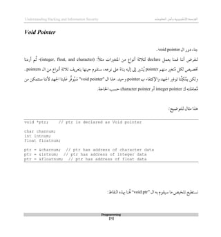 ‫اإللكتروني‬‫القرصنة‬
‫ة‬
‫وأ‬
‫المعلومات‬‫من‬
Understanding Hacking and Information Security
Programming
[71]
Void Pointer
‫دور‬ ‫جاء‬
‫ال‬
void pointer
..
‫بعمل‬ ‫قمنا‬ ‫أننا‬ ‫لنفرض‬
declare
:ً‫ال‬‫مث‬ ‫املتغريات‬ ‫من‬ ‫أنواع‬ ‫لثالثة‬
(integer, float, and character)
،
‫أردنا‬ ‫م‬ُ‫ث‬
‫منهم‬ ‫تغري‬ُ‫م‬ ‫لكل‬ ‫ختصيص‬
pointer
‫عىل‬ ً‫ء‬‫بنا‬ ‫لليه‬ ‫لىل‬ ‫شري‬ُ‫ي‬
‫ال‬ ‫من‬ ‫أنواع‬ ‫ثالثة‬ ‫بتعريف‬ ‫حينها‬ ‫سنقوم‬ ،‫نوعه‬
pointers
..
‫ب‬ ‫واإلكتفاء‬ ‫اجلهد‬ ‫توقري‬ ‫ُنا‬‫ن‬‫ك‬ُ‫يم‬ ‫ولكن‬
pointer
‫وحيد‬
.
‫ال‬ ‫ذذا‬
"
void pointer
"
ُ‫ي‬ َ
‫س‬
‫ألن‬ ‫اجلهد‬ ‫لينا‬َ‫ع‬ ‫ر‬ِّ‫ق‬‫و‬
‫من‬ ‫سنتمكن‬ ‫نا‬
‫لته‬َ‫م‬‫عا‬ُ‫م‬
‫ك‬
integer pointer
‫أو‬
character pointer
‫احلاج‬ ‫حسب‬
‫ة‬
.
:‫للتوضيح‬ ‫مثال‬ ‫ذذا‬
void *ptr; // ptr is declared as Void pointer
char charnum;
int intnum;
float floatnum;
ptr = &charnum; // ptr has address of character data
ptr = &intnum; // ptr has address of integer data
ptr = &floatnum; // ptr has address of float data
‫تلخ‬ ‫نستطيع‬
‫ال‬ ‫به‬ ‫سيقوم‬ ‫ما‬ ‫يص‬
“void ptr”
:‫النقاط‬ ‫ِبذه‬ ‫نا‬ُ‫ذ‬
 