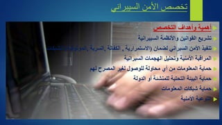 ‫األمن‬ ‫تخصص‬
‫السيبراني‬

‫التخصص‬ ‫وأهداف‬ ‫أهمية‬

‫واألنظمة‬ ‫القوانين‬ ‫تشريع‬
‫السيبرانية‬

‫األمن‬ ‫تنفيذ‬
‫السبراني‬
‫لضمان‬
(
‫االستمرارية‬
,
‫الكفالة‬
,
‫السرية‬
,
‫الموثوقية‬
)
‫للشبكات‬

‫الهجمات‬ ‫وتحليل‬ ‫األمنية‬ ‫المراقبة‬
‫السبرانية‬

‫لهم‬ ‫المصرح‬ ‫لغير‬ ‫للوصول‬ ‫محاولة‬ ‫أي‬ ‫من‬ ‫المعلومات‬ ‫حماية‬

‫الدولة‬ ‫أو‬ ‫للمنشئة‬ ‫التحتية‬ ‫البيئة‬ ‫حماية‬

‫المعلومات‬ ‫شبكات‬ ‫حماية‬

‫األمنية‬ ‫التوعية‬
 