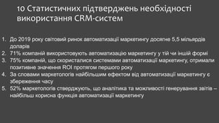 10 Статистичних підтверджень необхідності
використання CRM-систем
1. До 2019 року світовий ринок автоматизації маркетингу досягне 5,5 мільярдів
доларів
2. 71% компаній використовують автоматизацію маркетингу у тій чи іншій формі
3. 75% компаній, що скористалися системами автоматизації маркетингу, отримали
позитивне значення ROI протягом першого року
4. За словами маркетологів найбільшим ефектом від автоматизації маркетингу є
збереження часу
5. 52% маркетологів стверджують, що аналітика та можливості генерування звітів –
найбільш корисна функція автоматизації маркетингу
 