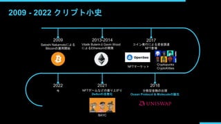 2009 - 2022 クリプト小史
2009
Satoshi Nakamotoによる
Bitcoinの運用開始
2013-2014
Vitalik ButerinとGavin Wood
によるEthereumの開発
2017
コイン発行による...