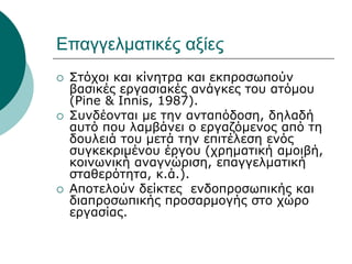 Επαγγελματικές αξίες
 Στόχοι και κίνητρα και εκπροσωπούν
βασικές εργασιακές ανάγκες του ατόμου
(Pine & Innis, 1987).
 Συνδέονται με την ανταπόδοση, δηλαδή
αυτό που λαμβάνει ο εργαζόμενος από τη
δουλειά του μετά την επιτέλεση ενός
συγκεκριμένου έργου (χρηματική αμοιβή,
κοινωνική αναγνώριση, επαγγελματική
σταθερότητα, κ.ά.).
 Αποτελούν δείκτες ενδοπροσωπικής και
διαπροσωπικής προσαρμογής στο χώρο
εργασίας.
 