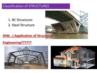 Classification of STRUCTURES
1. 1. RC Structures
2. 2. Steel Structure
(HW…) Application of Structural
Engineering??????
 