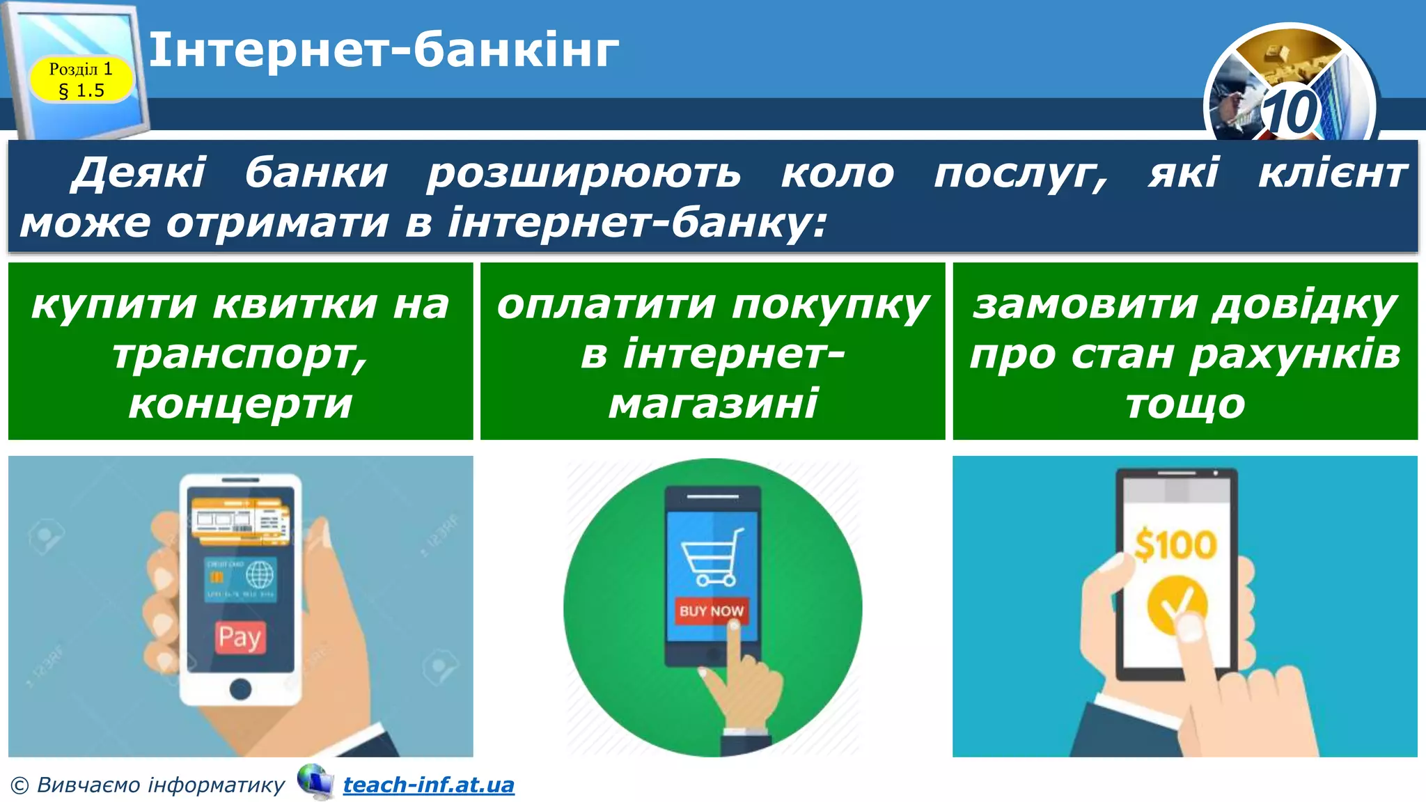 10
© Вивчаємо інформатику teach-inf.at.ua
Інтернет-банкінг
Розділ 1
§ 1.5
Деякі банки розширюють коло послуг, які клієнт
може отримати в інтернет-банку:
купити квитки на
транспорт,
концерти
оплатити покупку
в інтернет-
магазині
замовити довідку
про стан рахунків
тощо
 