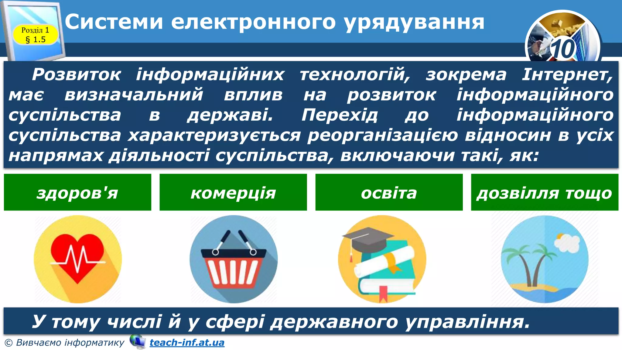 10
© Вивчаємо інформатику teach-inf.at.ua
Системи електронного урядування
Розділ 1
§ 1.5
Розвиток інформаційних технологій, зокрема Інтернет,
має визначальний вплив на розвиток інформаційного
суспільства в державі. Перехід до інформаційного
суспільства характеризується реорганізацією відносин в усіх
напрямах діяльності суспільства, включаючи такі, як:
здоров'я комерція освіта дозвілля тощо
У тому числі й у сфері державного управління.
 