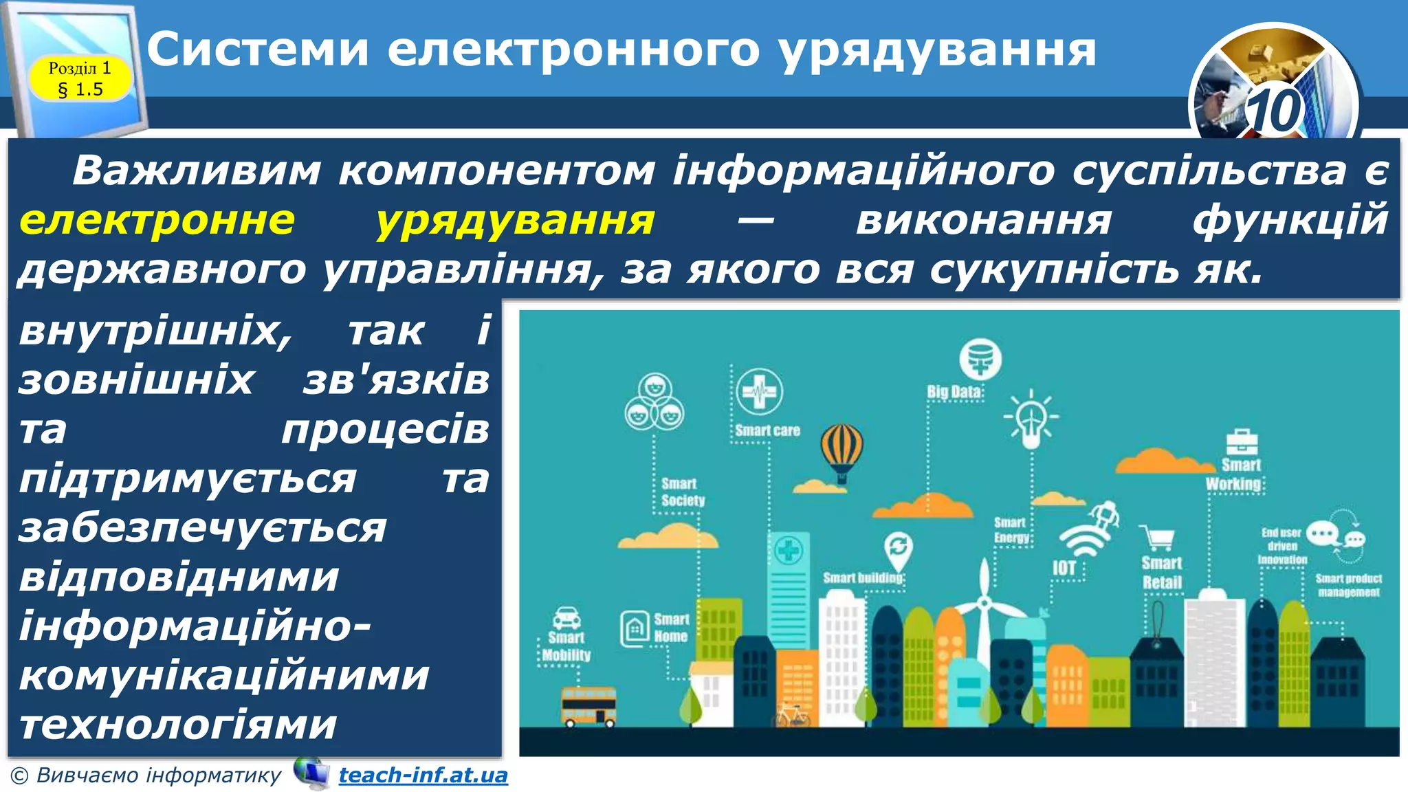 10
© Вивчаємо інформатику teach-inf.at.ua
Системи електронного урядування
Розділ 1
§ 1.5
Важливим компонентом інформаційного суспільства є
електронне урядування — виконання функцій
державного управління, за якого вся сукупність як.
внутрішніх, так і
зовнішніх зв'язків
та процесів
підтримується та
забезпечується
відповідними
інформаційно-
комунікаційними
технологіями
 