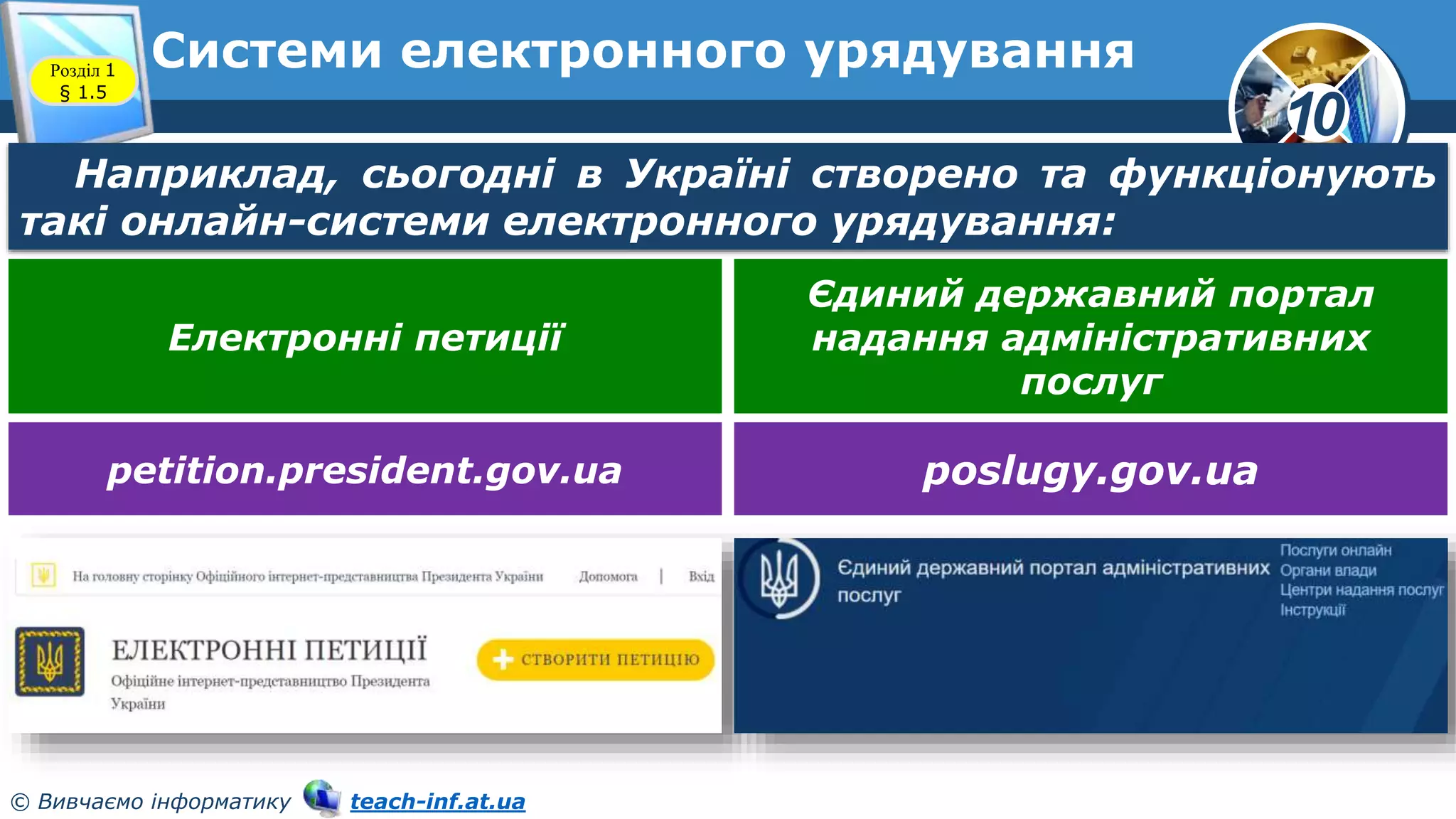10
© Вивчаємо інформатику teach-inf.at.ua
Системи електронного урядування
Розділ 1
§ 1.5
Наприклад, сьогодні в Україні створено та функціонують
такі онлайн-системи електронного урядування:
Електронні петиції
Єдиний державний портал
надання адміністративних
послуг
petition.president.gov.ua poslugy.gov.ua
 
