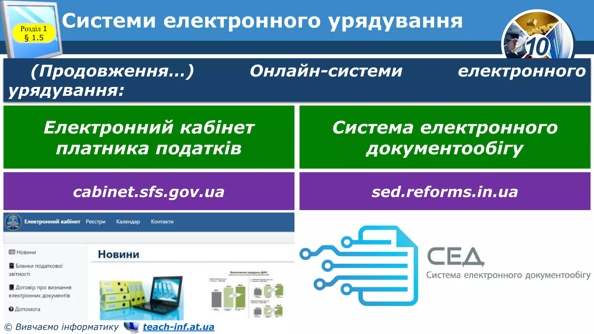 10
© Вивчаємо інформатику teach-inf.at.ua
Системи електронного урядування
Розділ 1
§ 1.5
(Продовження…) Онлайн-системи електронного
урядування:
Електронний кабінет
платника податків
Система електронного
документообігу
cabinet.sfs.gov.ua sed.reforms.in.ua
 
