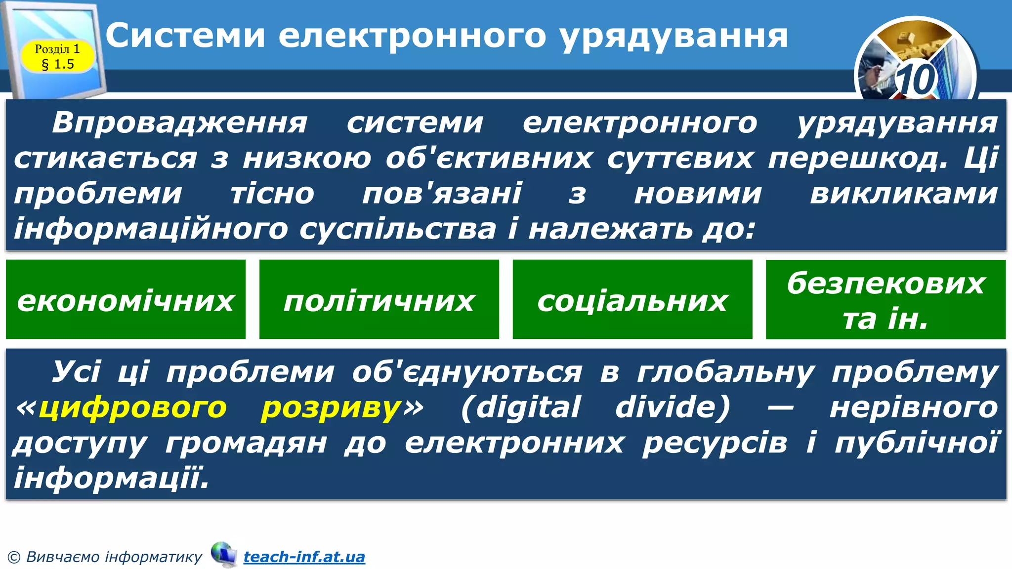 10
© Вивчаємо інформатику teach-inf.at.ua
Системи електронного урядування
Розділ 1
§ 1.5
Впровадження системи електронного урядування
стикається з низкою об'єктивних суттєвих перешкод. Ці
проблеми тісно пов'язані з новими викликами
інформаційного суспільства і належать до:
економічних політичних соціальних
безпекових
та ін.
Усі ці проблеми об'єднуються в глобальну проблему
«цифрового розриву» (digital divide) — нерівного
доступу громадян до електронних ресурсів і публічної
інформації.
 