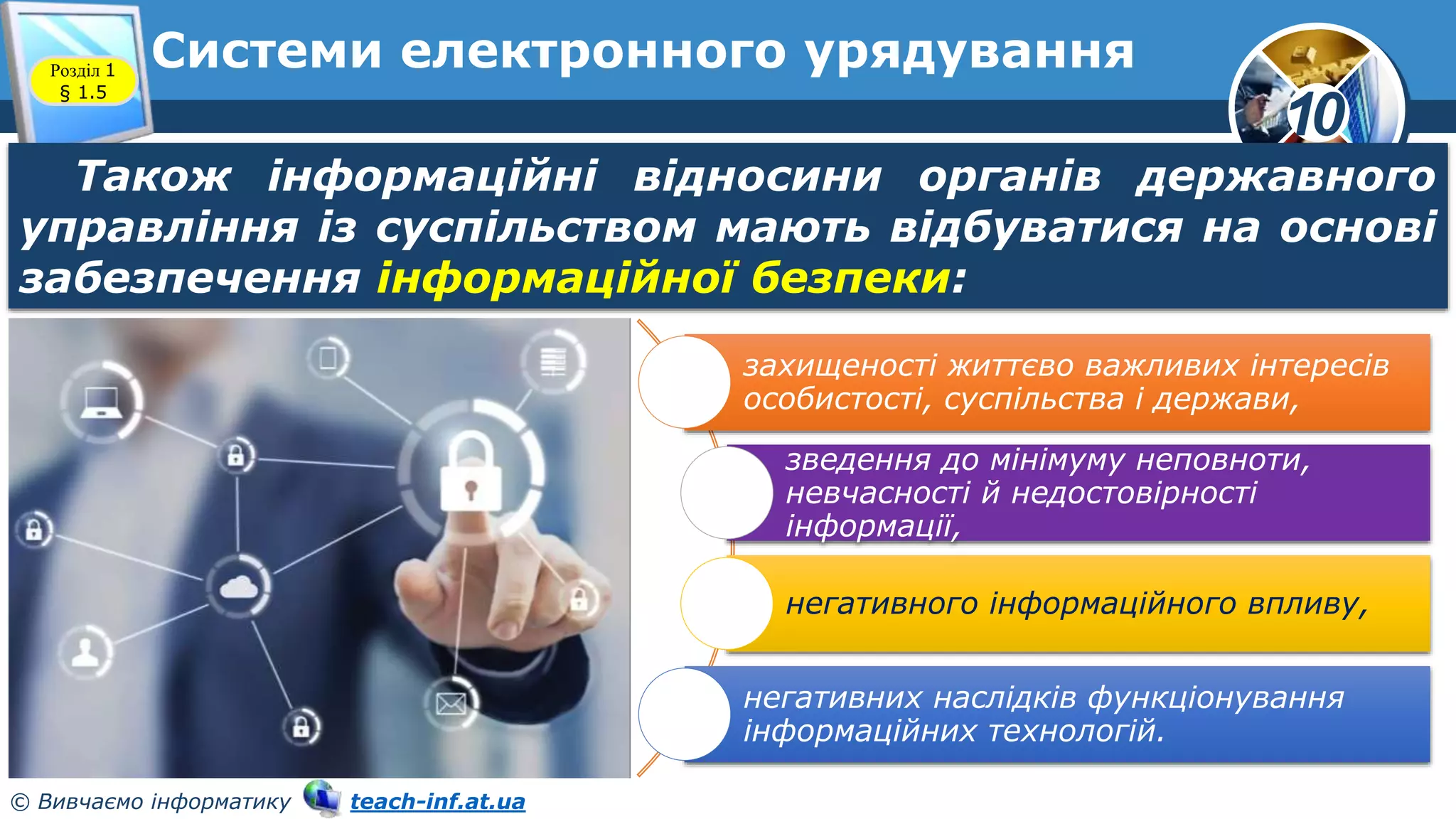 10
© Вивчаємо інформатику teach-inf.at.ua
Системи електронного урядування
Розділ 1
§ 1.5
Також інформаційні відносини органів державного
управління із суспільством мають відбуватися на основі
забезпечення інформаційної безпеки:
захищеності життєво важливих інтересів
особистості, суспільства і держави,
зведення до мінімуму неповноти,
невчасності й недостовірності
інформації,
негативного інформаційного впливу,
негативних наслідків функціонування
інформаційних технологій.
 