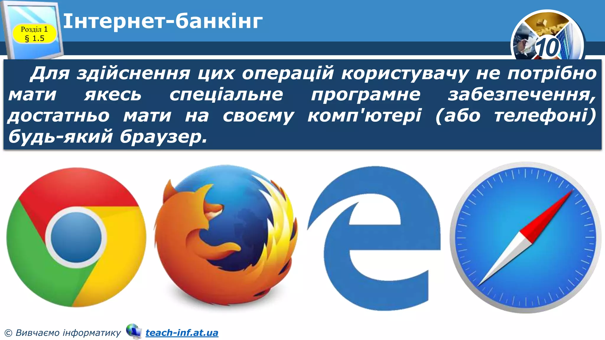 10
© Вивчаємо інформатику teach-inf.at.ua
Інтернет-банкінг
Розділ 1
§ 1.5
Для здійснення цих операцій користувачу не потрібно
мати якесь спеціальне програмне забезпечення,
достатньо мати на своєму комп'ютері (або телефоні)
будь-який браузер.
 