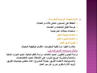 
‫للمؤسسة‬ ‫الرئيسية‬ ‫االستراتيجيات‬
:

‫للعمالء‬ ‫و‬ ‫لألداء‬ ‫الحالي‬ ‫المستوى‬ ‫على‬ ‫الحفاظ‬

‫الخدمات‬ ‫و‬ ‫المنتجات‬ ‫نطاق‬ ‫توسعة‬

‫جديدة‬ ‫عمل‬ ‫مجاالت‬ ‫استحداث‬

‫االجل‬ ‫طويلة‬ ‫االهداف‬

‫االجل‬ ‫قصيرة‬ ‫االهداف‬

‫العمل‬ ‫فريق‬ ‫تكوين‬
(
‫المعنية‬ ‫الوظيفية‬ ‫االقسام‬ ،‫المعلومات‬ ‫تقنية‬ ‫ادرة‬ ،‫العليا‬ ‫االدارة‬
)
‫يلي‬ ‫فيما‬ ‫الفريق‬ ‫مسؤوليات‬ ‫وتتمثل‬
:
‫الم‬ ‫الموارد‬ ‫تحديد‬ ،‫الحالية‬ ‫النظم‬ ‫دراسة‬ ،‫االهداف‬ ‫تحديد‬ ،‫للتطوير‬ ‫الجدوى‬ ‫دراسة‬
‫الية‬
‫االختصاصات‬ ‫تحديد‬ ،‫االنشطة‬ ‫على‬ ‫الموارد‬ ‫توزيع‬ ،‫والبشرية‬ ‫والمادية‬
‫الف‬ ‫بتوصيات‬ ‫ملخص‬ ‫اعداد‬ ،‫المشروع‬ ‫جدولة‬ ،‫الفريق‬ ‫العضاء‬ ‫والمسؤوليات‬
،‫ريق‬
‫العمل‬ ‫سير‬ ‫عن‬ ‫دوري‬ ‫بتقرير‬ ‫االدارة‬ ‫تزويد‬
156
 