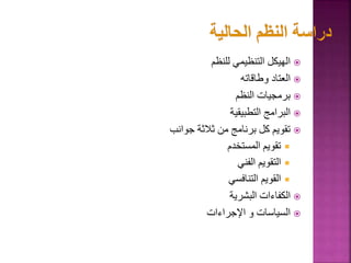 
‫للنظم‬ ‫التنظيمي‬ ‫الهيكل‬

‫وطاقاته‬ ‫العتاد‬

‫النظم‬ ‫برمجيات‬

‫التطبيقية‬ ‫البرامج‬

‫جوانب‬ ‫ثالثة‬ ‫من‬ ‫برنامج‬ ‫كل‬ ‫تقويم‬

‫المستخدم‬ ‫تقويم‬

‫الفني‬ ‫التقويم‬

‫التنافسي‬ ‫القويم‬

‫البشرية‬ ‫الكفاءات‬

‫اإلجراءات‬ ‫و‬ ‫السياسات‬
158
 