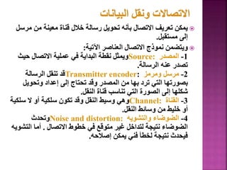 
‫م‬ ‫من‬ ‫معينة‬ ‫قناة‬ ‫خالل‬ ‫رسالة‬ ‫تحويل‬ ‫بأنه‬ ‫االتصال‬ ‫تعريف‬ ‫يمكن‬
‫رسل‬
‫مستقبل‬ ‫إلى‬
.

‫اآلتية‬ ‫العناصر‬ ‫االتصال‬ ‫نموذج‬ ‫ويتضمن‬
:
1
-
‫المصدر‬
Source:
‫حيث‬ ‫االتصال‬ ‫عملية‬ ‫في‬ ‫البداية‬ ‫نقطة‬ ‫ويمثل‬
‫الرسالة‬ ‫عنه‬ ‫تصدر‬
.
2
-
‫ومرمز‬ ‫مرسل‬
Transmitter encoder:
‫الرسالة‬ ‫تنقل‬ ‫قد‬
‫وتحويل‬ ‫إعداد‬ ‫إلى‬ ‫تحتاج‬ ‫وقد‬ ‫المصدر‬ ‫من‬ ‫بها‬ ‫ترد‬ ‫التي‬ ‫بصورتها‬
‫النقل‬ ‫قناة‬ ‫تناسب‬ ‫التي‬ ‫الصورة‬ ‫إلى‬ ‫شكلها‬
.
3
-
‫القناة‬
Channel:
‫سل‬ ‫ال‬ ‫أو‬ ‫سلكية‬ ‫تكون‬ ‫وقد‬ ‫النقل‬ ‫وسيط‬ ‫وهي‬
‫كية‬
‫النقل‬ ‫وسائط‬ ‫من‬ ‫خليط‬ ‫أو‬
.
4
-
‫والتشويه‬ ‫الضوضاء‬
Noise and distortion:
‫وتحدث‬
‫االتصال‬ ‫خطوط‬ ‫في‬ ‫متوقع‬ ‫غير‬ ‫لتداخل‬ ‫نتيجة‬ ‫الضوضاء‬
.
‫ال‬ ‫أما‬
‫تشويه‬
‫إصالحه‬ ‫يمكن‬ ‫فني‬ ‫لخطأ‬ ‫نتيجة‬ ‫فيحدث‬
.
20
 