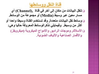 ‫ووسائطها‬ ‫النقل‬ ‫قناة‬

‫قناة‬ ‫في‬ ‫آخر‬ ‫إلى‬ ‫مكان‬ ‫من‬ ‫البيانات‬ ‫تنقل‬
(Channel),
‫أي‬
‫وسيط‬ ‫عبر‬ ‫معين‬ ‫مسار‬
Media)
)
‫الوسائط‬ ‫من‬ ‫مجموعة‬ ‫أو‬
.

‫متعددة‬ ‫البيانات‬ ‫نقل‬ ‫وسائط‬
,
‫وسيطا‬ ‫القناة‬ ‫تستخدم‬ ‫وقد‬
‫أو‬ ‫واحدا‬
‫وسيط‬ ‫من‬ ‫أكثر‬
.
‫حاليا‬ ‫المعروفة‬ ‫نذكرالوسائط‬ ‫وفيمايلي‬
‫وهي‬
:

‫األسالك‬
,
‫الراديو‬ ‫وموجات‬
,
‫الميكروية‬ ‫واألمواج‬
(
‫ميكرويفز‬
)
‫الضوئية‬ ‫واأللياف‬ ‫الصناعية‬ ‫واألقمار‬
.
24
 