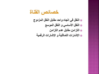 
‫المزدوج‬ ‫النقل‬ ‫مقابل‬ ‫واحد‬ ‫اتجاه‬ ‫في‬ ‫النقل‬

‫الموسع‬ ‫النقل‬ ‫و‬ ‫األساسي‬ ‫النقل‬

‫التزامن‬ ‫عدم‬ ‫مقابل‬ ‫التزامن‬

‫الرقمية‬ ‫اإلشارات‬ ‫و‬ ‫التماثلية‬ ‫اإلشارات‬
28
 