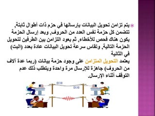 
‫ثاب‬ ‫أطوال‬ ‫ذات‬ ‫حزم‬ ‫في‬ ‫بإرسالها‬ ‫البيانات‬ ‫تحويل‬ ‫تزامن‬ ‫يتم‬
‫تة‬
,
‫الحروف‬ ‫من‬ ‫العدد‬ ‫نفس‬ ‫حزمة‬ ‫كل‬ ‫تتضمن‬
,
‫الحزمة‬ ‫إرسال‬ ‫وبعد‬
‫لألخطاء‬ ‫فحص‬ ‫هناك‬ ‫يكون‬
,
‫ل‬ ‫الطرفين‬ ‫بين‬ ‫التزامن‬ ‫يعود‬ ‫ثم‬
‫تحويل‬
‫التالية‬ ‫الحزمة‬
,
‫بعدد‬ ‫عادة‬ ‫البيانات‬ ‫تحويل‬ ‫سرعة‬ ‫وتقاس‬
(
‫ال‬
‫بت‬
)
‫الثانية‬ ‫في‬
‫يعتمد‬
‫المتزامن‬ ‫التحويل‬
‫بيانات‬ ‫حزمة‬ ‫وجود‬ ‫على‬
(
‫آ‬ ‫عدة‬ ‫ربما‬
‫الف‬
‫الحروف‬ ‫من‬
)
‫عدم‬ ‫ذلك‬ ‫ويتطلب‬ ‫واحدة‬ ‫مرة‬ ‫لإلرسال‬ ‫جاهزة‬
‫اإلرسال‬ ‫أثناء‬ ‫التوقف‬
.
36
 