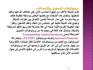 62
‫واالتصاالت‬ ‫التحويل‬ ‫بروتوكوالت‬
‫ونظ‬ ‫أنواعها‬ ‫اختالف‬ ‫على‬ ‫اآللي‬ ‫الحاسب‬ ‫أجهزة‬ ‫من‬ ‫اآلالف‬ ‫الشبكة‬ ‫تضم‬
‫م‬
‫تشغيلها‬
.
‫ه‬ ‫خطوط‬ ‫بواسطة‬ ‫البعض‬ ‫بعضها‬ ‫مع‬ ‫الشبكات‬ ‫هذه‬ ‫وتتصل‬
‫اتف‬
‫الشبكة‬ ‫أطراف‬ ‫بين‬ ‫االتصال‬ ‫لتأمين‬ ‫الساعة‬ ‫مدار‬ ‫على‬ ‫مكرسة‬ ‫سريعة‬
.
‫التشغيل‬ ‫ونظم‬ ‫العتاد‬ ‫من‬ ‫متجانس‬ ‫غير‬ ‫خليط‬ ‫الشبكة‬ ‫هذه‬ ‫وتجمع‬
.
‫ون‬
‫ظرا‬
‫ا‬ ‫النظم‬ ‫بها‬ ‫تلتزم‬ ‫مشتركة‬ ‫لغة‬ ‫إلى‬ ‫حاجة‬ ‫فثمة‬ ‫الفريدة‬ ‫الطبيعة‬ ‫لهذه‬
‫لمرتبطة‬
‫بالشبكة‬
.
‫التحويل‬ ‫بروتوكوالت‬ ‫من‬ ‫مجموعة‬ ‫في‬ ‫اللغة‬ ‫هذه‬ ‫وتتمثل‬
‫تسمى‬ ‫المترابطة‬
Transmission control protocol
/
internet Protocol
‫ببروتوكول‬ ‫وتعرف‬
(
TCP/IP
.)
‫هذا‬ ‫ويعمل‬
‫بروتوكوالت‬ ‫من‬ ‫العديد‬ ‫مع‬ ‫البروتوكول‬
‫لنقل‬ ‫االتصال‬
‫اإللك‬ ‫البيانات‬
‫ترونية‬
‫بروتوكوالت‬ ‫أحد‬ ‫إلى‬ ‫ترجمتها‬ ‫طريق‬ ‫عن‬ ‫آخر‬ ‫إلى‬ ‫آلي‬ ‫حاسب‬ ‫جهاز‬ ‫من‬
‫في‬ ‫األصلي‬ ‫شكلها‬ ‫إلى‬ ‫أخرى‬ ‫مرة‬ ‫تترجم‬ ‫ثم‬ ‫تحويلها‬ ‫قبل‬ ‫االتصاالت‬
‫جهاز‬
‫يستقبلها‬ ‫الذي‬ ‫اآللي‬ ‫الحاسب‬
.
 