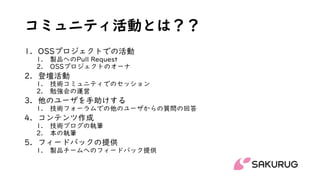 コミュニティ活動とは？？
1. OSSプロジェクトでの活動
1. 製品へのPull Request
2. OSSプロジェクトのオーナ
2. 登壇活動
1. 技術コミュニティでのセッション
2. 勉強会の運営
3. 他のユーザを手助けする
1. 技術フォーラムでの他のユーザからの質問の回答
4. コンテンツ作成
1. 技術ブログの執筆
2. 本の執筆
5. フィードバックの提供
1. 製品チームへのフィードバック提供
 