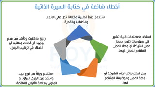 ‫تش‬ ‫فمية‬ ‫مصطلحات‬ ‫استخد‬
‫ير‬
‫بمجال‬ ‫تتصل‬ ‫معلومات‬ ‫الي‬
‫العمل‬ ‫جهة‬ ‫او‬ ‫الشركة‬ ‫عمل‬
‫فيها‬ ‫للعمل‬ ‫المتقدم‬
.
‫أو‬ ‫الشركة‬ ‫تجاه‬ ‫اهتماماتك‬ ‫بين‬
‫المتقدم‬ ‫والوظيفة‬ ‫العمل‬ ‫جهة‬
‫لها‬
.
‫عدم‬ ‫من‬ ‫وتأكد‬ ‫ماكتبت‬ ‫راجع‬
‫أو‬ ‫إمالئية‬ ‫أخطاء‬ ‫أل‬ ‫وجود‬
‫الجمل‬ ‫تركيب‬ ‫في‬ ‫أخطاء‬
.
‫جيد‬ ‫نوع‬ ‫من‬ ً‫ا‬‫ورق‬ ‫استخدم‬
‫او‬ ‫البراق‬ ‫الورق‬ ‫عن‬ ‫وابتعد‬
‫الفاقعة‬ ‫األلوان‬ ‫وخاصة‬ ‫الملون‬
.
‫االنج‬ ‫علي‬ ‫تدل‬ ‫وفعالة‬ ‫قصيرة‬ ً
‫ال‬‫جم‬ ‫استخدم‬
‫از‬
‫والقدرة‬ ‫والكفاءة‬
.
‫الذاتية‬ ‫السيرة‬ ‫كتابة‬ ‫في‬ ‫شائعة‬ ‫أخطاء‬
 