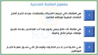 1
2
3
‫ةل‬ ‫أف‬ ‫اختيةار‬ ‫بهةدف‬ ‫والممظمةات‬ ‫الشةركات‬ ‫تجريهةا‬ ‫التي‬ ‫المقابالت‬ ‫هي‬
‫الشاارة‬ ‫للوظائف‬ ‫البشرية‬ ‫الكفاءات‬
.
‫تقيةيم‬ ‫بهةدف‬ ‫المختصةين‬ ‫ةد‬ ‫أ‬ ‫بهةا‬ ‫يقةوم‬ ‫رسمي‬ ‫طابع‬ ‫ذات‬ ‫مقابلة‬ ‫هي‬
‫وظيفة‬ ‫لشغل‬ ‫مرشح‬ ‫مؤهالت‬
.
‫اختيةةار‬ ‫عمليةةة‬ ‫تسةةب‬ ‫التةةي‬ ‫والوسةةائل‬ ‫الخطةةوات‬ ‫ةةدت‬ ‫إ‬ ‫مةةن‬ ‫خطةةوة‬ ‫هةةي‬
‫الموظفين‬
.
‫الشخص‬ ‫المقابلة‬ ‫مفهوم‬
‫ية‬
 