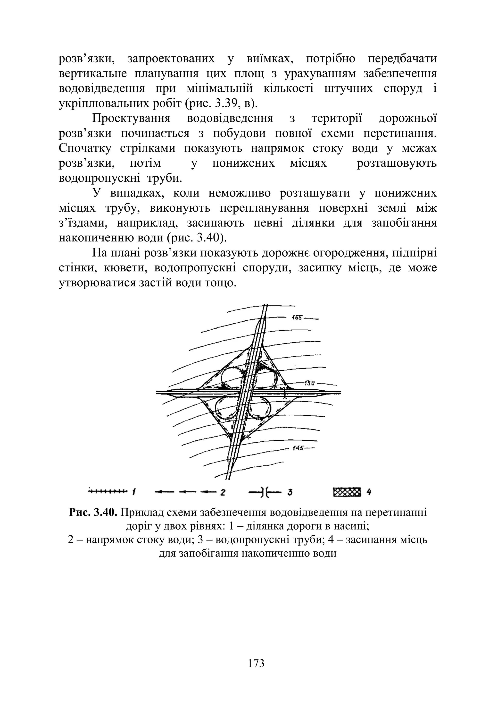 173
розв’язки, запроектованих у виїмках, потрібно передбачати
вертикальне планування цих площ з урахуванням забезпечення
водовідведення при мінімальній кількості штучних споруд і
укріплювальних робіт (рис. 3.39, в).
Проектування водовідведення з території дорожньої
розв’язки починається з побудови повної схеми перетинання.
Спочатку стрілками показують напрямок стоку води у межах
розв’язки, потім у понижених місцях розташовують
водопропускні труби.
У випадках, коли неможливо розташувати у понижених
місцях трубу, виконують перепланування поверхні землі між
з’їздами, наприклад, засипають певні ділянки для запобігання
накопиченню води (рис. 3.40).
На плані розв’язки показують дорожнє огородження, підпірні
стінки, кювети, водопропускні споруди, засипку місць, де може
утворюватися застій води тощо.
Рис. 3.40. Приклад схеми забезпечення водовідведення на перетинанні
доріг у двох рівнях: 1 – ділянка дороги в насипі;
2 – напрямок стоку води; 3 – водопропускні труби; 4 – засипання місць
для запобігання накопиченню води
 
