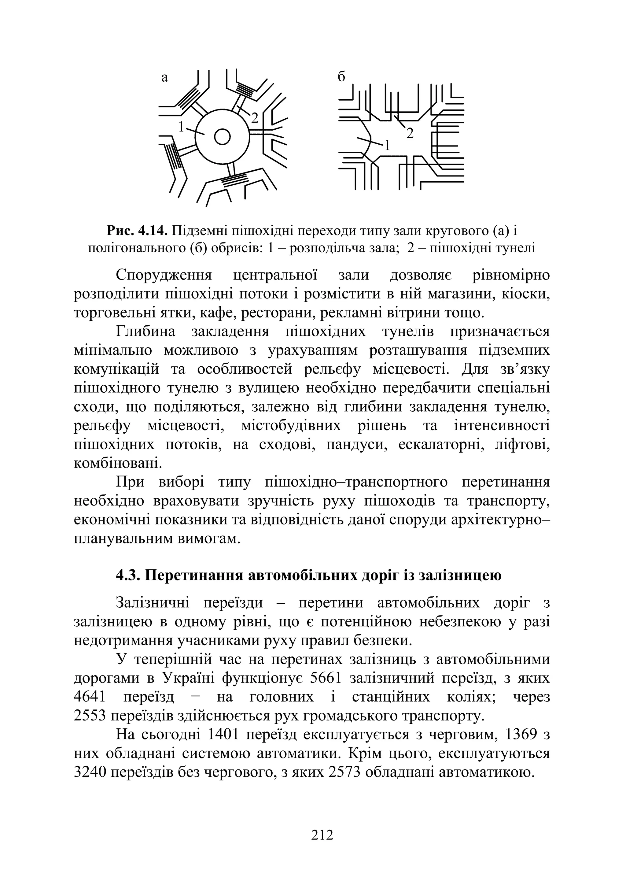 212
а б
1
2
2
1
Рис. 4.14. Підземні пішохідні переходи типу зали кругового (а) і
полігонального (б) обрисів: 1 – розподільча зала; 2 – пішохідні тунелі
Спорудження центральної зали дозволяє рівномірно
розподілити пішохідні потоки і розмістити в ній магазини, кіоски,
торговельні ятки, кафе, ресторани, рекламні вітрини тощо.
Глибина закладення пішохідних тунелів призначається
мінімально можливою з урахуванням розташування підземних
комунікацій та особливостей рельєфу місцевості. Для зв’язку
пішохідного тунелю з вулицею необхідно передбачити спеціальні
сходи, що поділяються, залежно від глибини закладення тунелю,
рельєфу місцевості, містобудівних рішень та інтенсивності
пішохідних потоків, на сходові, пандуси, ескалаторні, ліфтові,
комбіновані.
При виборі типу пішохідно–транспортного перетинання
необхідно враховувати зручність руху пішоходів та транспорту,
економічні показники та відповідність даної споруди архітектурно–
планувальним вимогам.
4.3. Перетинання автомобільних доріг із залізницею
Залізничні переїзди – перетини автомобільних доріг з
залізницею в одному рівні, що є потенційною небезпекою у разі
недотримання учасниками руху правил безпеки.
У теперішній час на перетинах залізниць з автомобільними
дорогами в Україні функціонує 5661 залізничний переїзд, з яких
4641 переїзд − на головних і станційних коліях; через
2553 переїздів здійснюється рух громадського транспорту.
На сьогодні 1401 переїзд експлуатується з черговим, 1369 з
них обладнані системою автоматики. Крім цього, експлуатуються
3240 переїздів без чергового, з яких 2573 обладнані автоматикою.
 