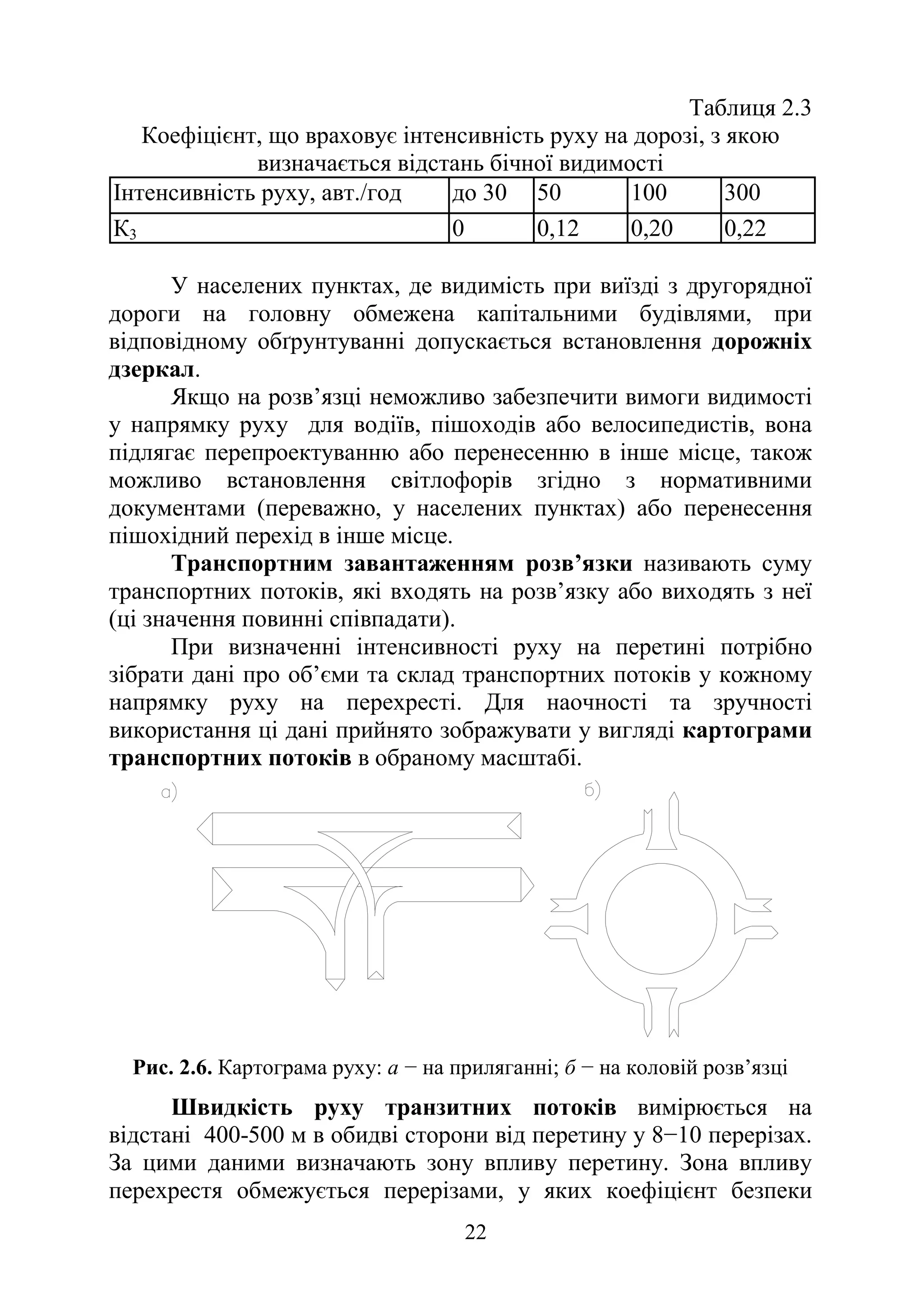 22
Таблиця 2.3
Коефіцієнт, що враховує інтенсивність руху на дорозі, з якою
визначається відстань бічної видимості
Інтенсивність руху, авт./год до 30 50 100 300
К3 0 0,12 0,20 0,22
У населених пунктах, де видимість при виїзді з другорядної
дороги на головну обмежена капітальними будівлями, при
відповідному обґрунтуванні допускається встановлення дорожніх
дзеркал.
Якщо на розв’язці неможливо забезпечити вимоги видимості
у напрямку руху для водіїв, пішоходів або велосипедистів, вона
підлягає перепроектуванню або перенесенню в інше місце, також
можливо встановлення світлофорів згідно з нормативними
документами (переважно, у населених пунктах) або перенесення
пішохідний перехід в інше місце.
Транспортним завантаженням розв’язки називають суму
транспортних потоків, які входять на розв’язку або виходять з неї
(ці значення повинні співпадати).
При визначенні інтенсивності руху на перетині потрібно
зібрати дані про об’єми та склад транспортних потоків у кожному
напрямку руху на перехресті. Для наочності та зручності
використання ці дані прийнято зображувати у вигляді картограми
транспортних потоків в обраному масштабі.
Рис. 2.6. Картограма руху: а − на приляганні; б − на коловій розв’язці
Швидкість руху транзитних потоків вимірюється на
відстані 400-500 м в обидві сторони від перетину у 8−10 перерізах.
За цими даними визначають зону впливу перетину. Зона впливу
перехрестя обмежується перерізами, у яких коефіцієнт безпеки
 