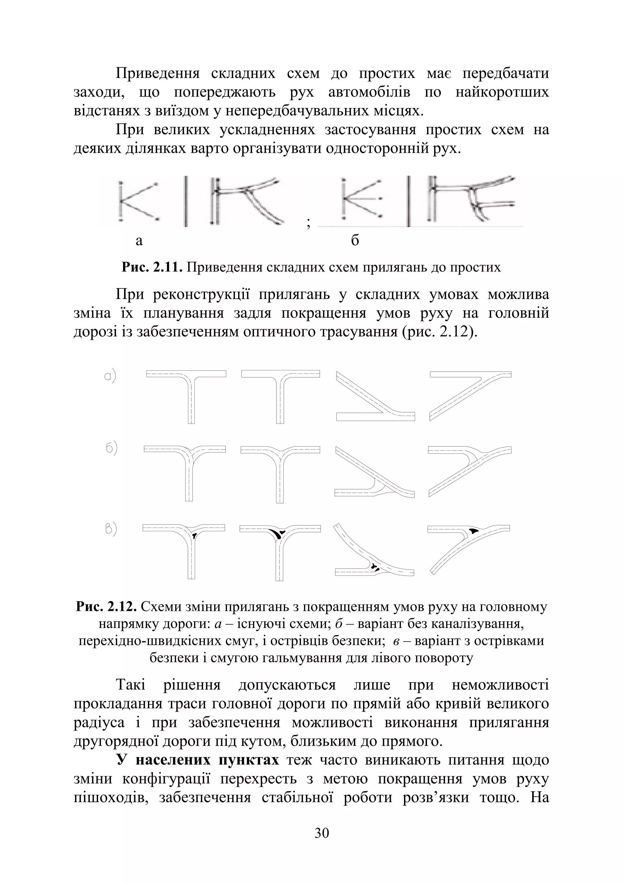 30
Приведення складних схем до простих має передбачати
заходи, що попереджають рух автомобілів по найкоротших
відстанях з виїздом у непередбачувальних місцях.
При великих ускладненнях застосування простих схем на
деяких ділянках варто організувати односторонній рух.
;
а б
Рис. 2.11. Приведення складних схем прилягань до простих
При реконструкції прилягань у складних умовах можлива
зміна їх планування задля покращення умов руху на головній
дорозі із забезпеченням оптичного трасування (рис. 2.12).
Рис. 2.12. Схеми зміни прилягань з покращенням умов руху на головному
напрямку дороги: а – існуючі схеми; б – варіант без каналізування,
перехідно-швидкісних смуг, і острівців безпеки; в – варіант з острівками
безпеки і смугою гальмування для лівого повороту
Такі рішення допускаються лише при неможливості
прокладання траси головної дороги по прямій або кривій великого
радіуса і при забезпечення можливості виконання прилягання
другорядної дороги під кутом, близьким до прямого.
У населених пунктах теж часто виникають питання щодо
зміни конфігурації перехресть з метою покращення умов руху
пішоходів, забезпечення стабільної роботи розв’язки тощо. На
 