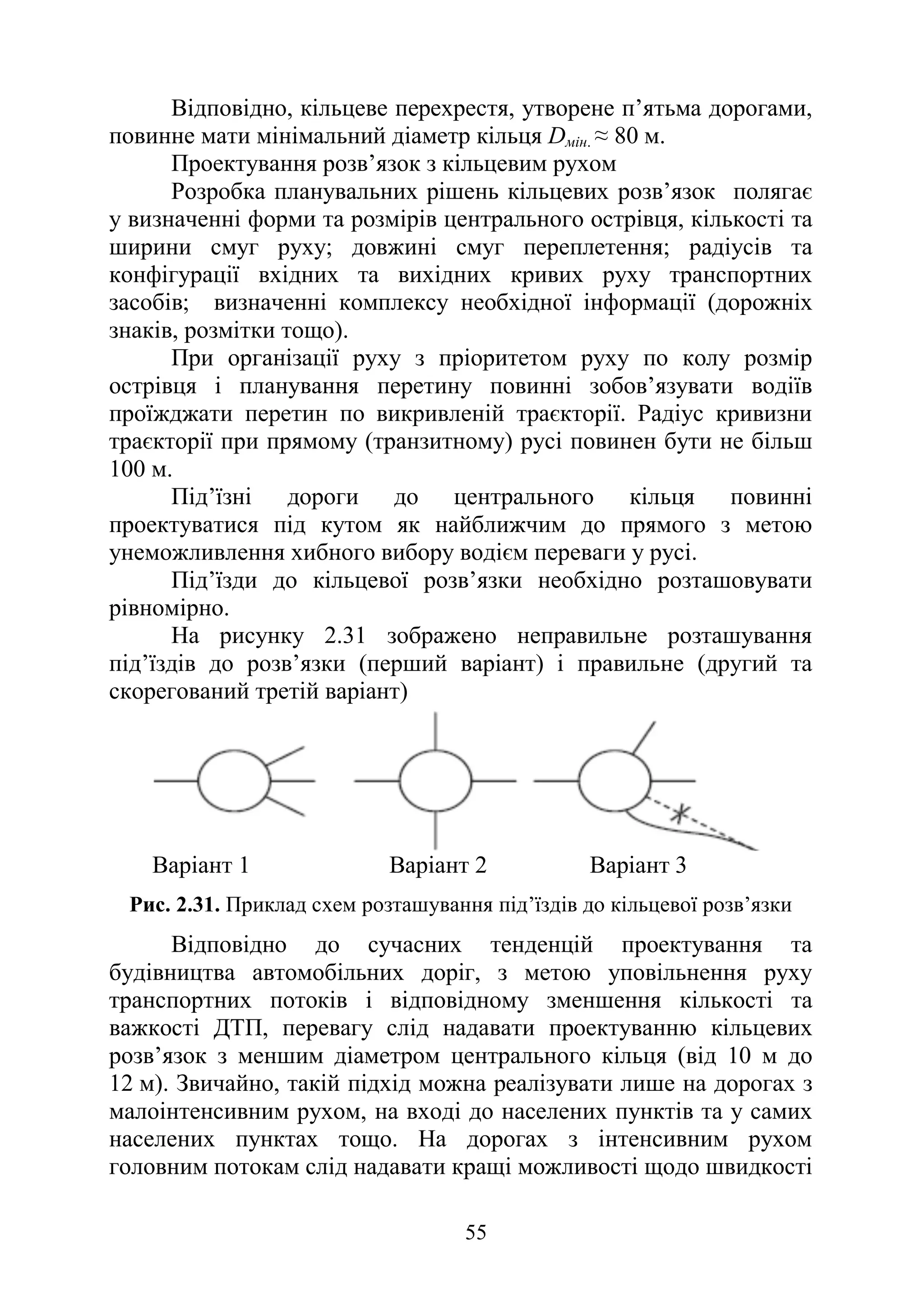 55
Відповідно, кільцеве перехрестя, утворене п’ятьма дорогами,
повинне мати мінімальний діаметр кільця Dмін. ≈ 80 м.
Проектування розв’язок з кільцевим рухом
Розробка планувальних рішень кільцевих розв’язок полягає
у визначенні форми та розмірів центрального острівця, кількості та
ширини смуг руху; довжині смуг переплетення; радіусів та
конфігурації вхідних та вихідних кривих руху транспортних
засобів; визначенні комплексу необхідної інформації (дорожніх
знаків, розмітки тощо).
При організації руху з пріоритетом руху по колу розмір
острівця і планування перетину повинні зобов’язувати водіїв
проїжджати перетин по викривленій траєкторії. Радіус кривизни
траєкторії при прямому (транзитному) русі повинен бути не більш
100 м.
Під’їзні дороги до центрального кільця повинні
проектуватися під кутом як найближчим до прямого з метою
унеможливлення хибного вибору водієм переваги у русі.
Під’їзди до кільцевої розв’язки необхідно розташовувати
рівномірно.
На рисунку 2.31 зображено неправильне розташування
під’їздів до розв’язки (перший варіант) і правильне (другий та
скорегований третій варіант)
Варіант 1 Варіант 2 Варіант 3
Рис. 2.31. Приклад схем розташування під’їздів до кільцевої розв’язки
Відповідно до сучасних тенденцій проектування та
будівництва автомобільних доріг, з метою уповільнення руху
транспортних потоків і відповідному зменшення кількості та
важкості ДТП, перевагу слід надавати проектуванню кільцевих
розв’язок з меншим діаметром центрального кільця (від 10 м до
12 м). Звичайно, такій підхід можна реалізувати лише на дорогах з
малоінтенсивним рухом, на вході до населених пунктів та у самих
населених пунктах тощо. На дорогах з інтенсивним рухом
головним потокам слід надавати кращі можливості щодо швидкості
 