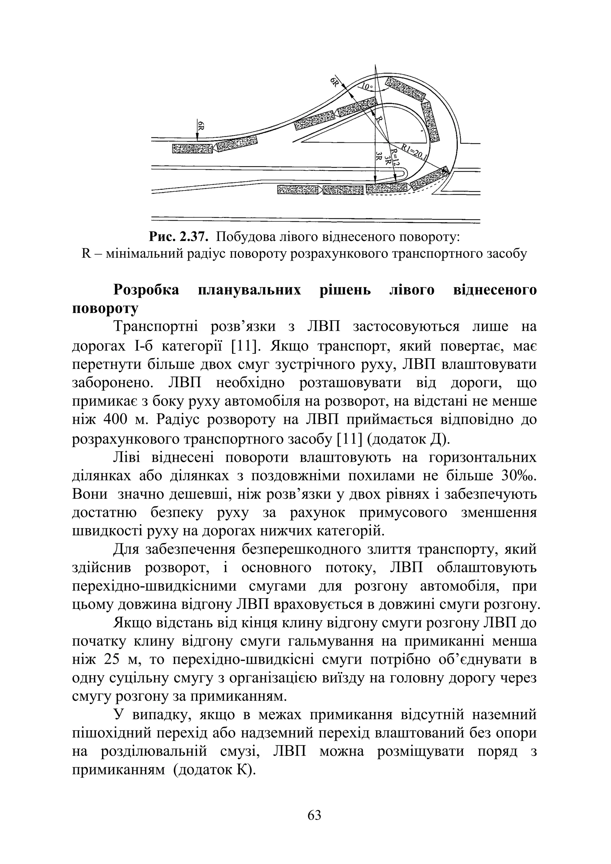 63
Рис. 2.37. Побудова лівого віднесеного повороту:
R – мінімальний радіус повороту розрахункового транспортного засобу
Розробка планувальних рішень лівого віднесеного
повороту
Транспортні розв’язки з ЛВП застосовуються лише на
дорогах І-б категорії [11]. Якщо транспорт, який повертає, має
перетнути більше двох смуг зустрічного руху, ЛВП влаштовувати
заборонено. ЛВП необхідно розташовувати від дороги, що
примикає з боку руху автомобіля на розворот, на відстані не менше
ніж 400 м. Радіус розвороту на ЛВП приймається відповідно до
розрахункового транспортного засобу [11] (додаток Д).
Ліві віднесені повороти влаштовують на горизонтальних
ділянках або ділянках з поздовжніми похилами не більше 30‰.
Вони значно дешевші, ніж розв’язки у двох рівнях і забезпечують
достатню безпеку руху за рахунок примусового зменшення
швидкості руху на дорогах нижчих категорій.
Для забезпечення безперешкодного злиття транспорту, який
здійснив розворот, і основного потоку, ЛВП облаштовують
перехідно-швидкісними смугами для розгону автомобіля, при
цьому довжина відгону ЛВП враховується в довжині смуги розгону.
Якщо відстань від кінця клину відгону смуги розгону ЛВП до
початку клину відгону смуги гальмування на примиканні менша
ніж 25 м, то перехідно-швидкісні смуги потрібно об’єднувати в
одну суцільну смугу з організацією виїзду на головну дорогу через
смугу розгону за примиканням.
У випадку, якщо в межах примикання відсутній наземний
пішохідний перехід або надземний перехід влаштований без опори
на розділювальній смузі, ЛВП можна розміщувати поряд з
примиканням (додаток К).
 