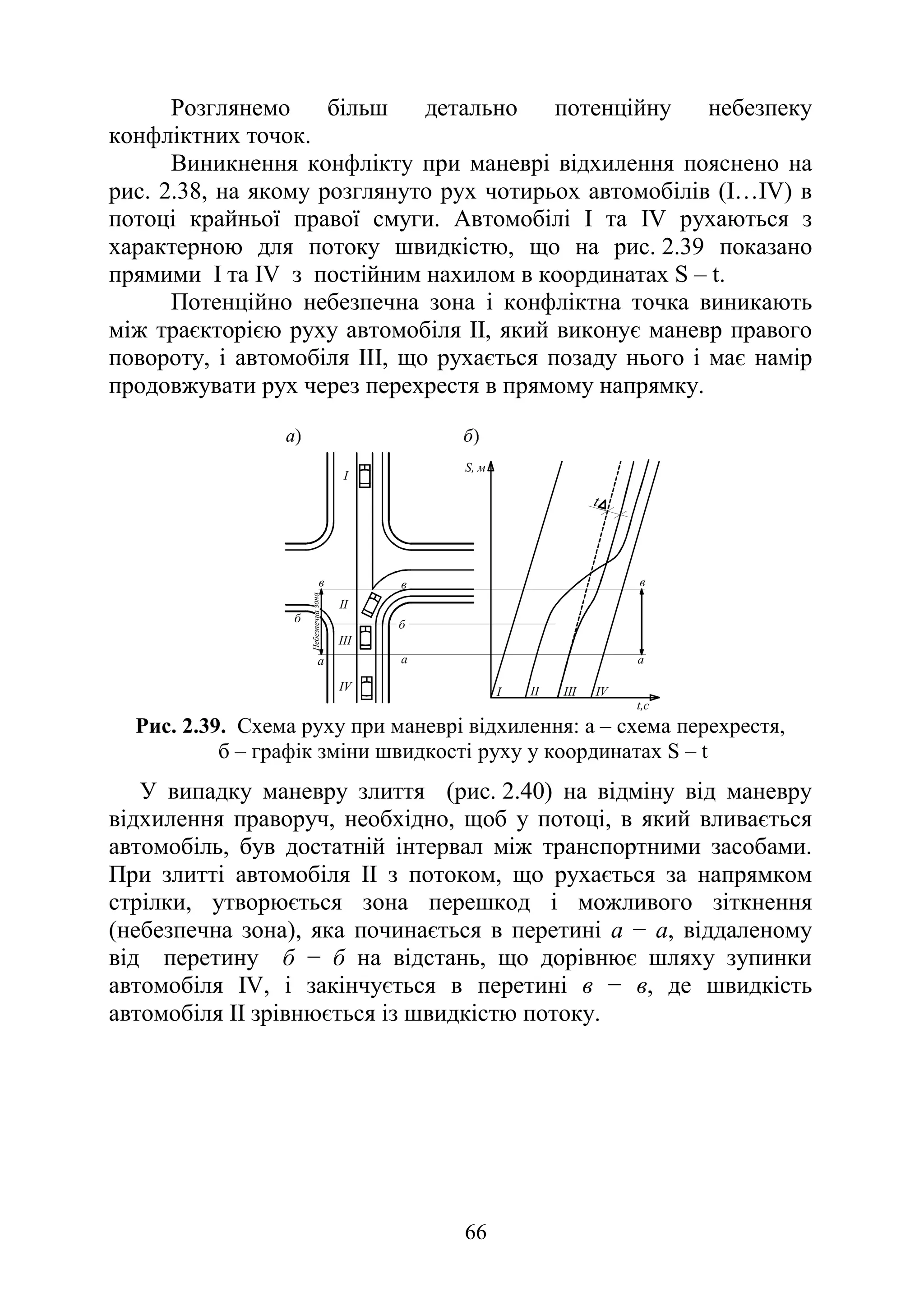 66
Розглянемо більш детально потенційну небезпеку
конфліктних точок.
Виникнення конфлікту при маневрі відхилення пояснено на
рис. 2.38, на якому розглянуто рух чотирьох автомобілів (І…ІV) в
потоці крайньої правої смуги. Автомобілі І та ІV рухаються з
характерною для потоку швидкістю, що на рис. 2.39 показано
прямими І та ІV з постійним нахилом в координатах S – t.
Потенційно небезпечна зона і конфліктна точка виникають
між траєкторією руху автомобіля ІІ, який виконує маневр правого
повороту, і автомобіля ІІІ, що рухається позаду нього і має намір
продовжувати рух через перехрестя в прямому напрямку.
б
в
a
б
в
IV
III
II
I
a
в
t,c
S, м
a
I II III IV
t
Небезпечна
зона
Рис. 2.39. Схема руху при маневрі відхилення: а – схема перехрестя,
б – графік зміни швидкості руху у координатах S – t
У випадку маневру злиття (рис. 2.40) на відміну від маневру
відхилення праворуч, необхідно, щоб у потоці, в який вливається
автомобіль, був достатній інтервал між транспортними засобами.
При злитті автомобіля II з потоком, що рухається за напрямком
стрілки, утворюється зона перешкод і можливого зіткнення
(небезпечна зона), яка починається в перетині а − а, віддаленому
від перетину б − б на відстань, що дорівнює шляху зупинки
автомобіля IV, і закінчується в перетині в − в, де швидкість
автомобіля II зрівнюється із швидкістю потоку.
 
