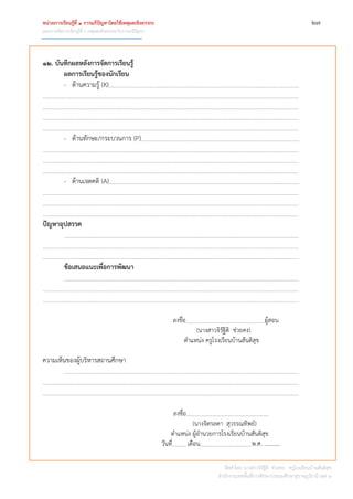 หน่วยการเรียนรู้ที่ 1 การแก้ปัญหาโดยใช้เหตุผลเชิงตรรกะ ๒๗
แผนการจัดการเรียนรู้ที่ 1 เหตุผลเชิงตรรกะกับการแก้ปัญหา
จัดทำโดย นำงสำวจิรัฐิติ ช่วยคง ครูโรงเรียนบ้ำนสันติสุข
สำนักงำนเขตพื้นที่กำรศึกษำประถมศึกษำสุรำษฎร์ธำนี เขต 1
๑๒. บันทึกผลหลังการจัดการเรียนรู้
ผลการเรียนรู้ของนักเรียน
- ด้ำนควำมรู้ (K)
- ด้ำนทักษะ/กระบวนกำร (P)
- ด้ำนเจตคติ (A)
ปัญหาอุปสรรค
ข้อเสนอแนะเพื่อการพัฒนา
ลงชื่อ ผู้สอน
(นำงสำวจิรัฐิติ ช่วยคง)
ตำแหน่ง ครูโรงเรียนบ้ำนสันติสุข
ควำมเห็นของผู้บริหำรสถำนศึกษำ
ลงชื่อ ผู้สอ
(นำงจิตรลดำ สุวรรณทิพย์)
ตำแหน่ง ผู้อำนวยกำรโรงเรียนบ้ำนสันติสุข
วันที่ เดือน พ.ศ. ………..
 