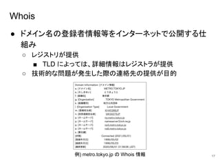 Whois
● ドメイン名の登録者情報等をインターネットで公開する仕
組み
○ レジストリが提供
■ TLD によっては、詳細情報はレジストラが提供
○ 技術的な問題が発生した際の連絡先の提供が目的
17
例) metro.tokyo.jp の Whois 情報
 