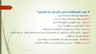 
‫المصطلحات‬ ‫بعض‬
‫المبانى؟‬ ‫بند‬ ‫فى‬ ‫تذكر‬ ‫التى‬
1
.
‫طوبه‬ ‫حائط‬
:
‫بسمك‬ ‫حائط‬ ‫هو‬
25
‫سم‬
.
2
.
‫طوبه‬ ‫نص‬ ‫حائط‬
:
‫بسمك‬ ‫حائط‬ ‫هو‬
12
‫سم‬
.
3
.
‫شناوى‬
:
‫الطوبه‬ ‫من‬ ‫الطويل‬ ‫البعد‬
(
25
‫سم‬
.)
4
.
‫اديه‬
:
‫الطوبه‬ ‫من‬ ‫الصغير‬ ‫البعد‬
(
6
‫سم‬
.)
5
.
‫شنيشه‬
:
‫السقاالت‬ ‫لتثبيت‬ ‫الحائط‬ ‫فى‬ ‫عملها‬ ‫يتم‬ ‫فتحات‬
.
6
.
‫عرموس‬
:
‫االفقى‬ ‫اللحام‬ ‫تسمية‬ ‫يتم‬ ‫واحيانا‬ ‫الحائط‬ ‫فى‬ ‫االفقى‬ ‫او‬ ‫الرأسى‬ ‫اللحام‬
*
‫الطيه‬ ‫مسافة‬
*
.
7
.
‫مدماك‬
:
‫الطوب‬ ‫من‬ ‫صف‬ ‫هو‬
.
8
.
‫االد‬ ‫مدماك‬
:
‫جيدا‬ ‫استالمه‬ ‫ويجب‬ ‫الحائط‬ ‫فى‬ ‫طوب‬ ‫صف‬ ‫اول‬ ‫هو‬
.
9
.
‫الطلقات‬ ‫مسدس‬
:
‫باالعمده‬ ‫الكانات‬ ‫تثبيت‬ ‫قى‬ ‫يستخدم‬ ‫مسدس‬
.
‫مهندس‬
/
‫سعيد‬ ‫ابراهيم‬
11
 