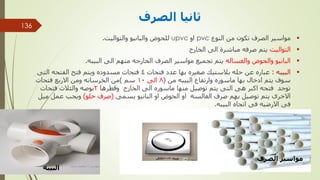 ‫الصرف‬ ‫ثانيا‬

‫النوع‬ ‫من‬ ‫تكون‬ ‫الصرف‬ ‫مواسير‬
pvc
‫او‬
upvc
‫والتواليت‬ ‫والبانيو‬ ‫للحوض‬
.

‫التواليت‬
‫الخارج‬ ‫الى‬ ‫مباشرة‬ ‫صرفه‬ ‫يتم‬

‫والغساله‬ ‫والحوض‬ ‫البانيو‬
‫البيبه‬ ‫الى‬ ‫منهم‬ ‫الخارجه‬ ‫الصرف‬ ‫مواسير‬ ‫تجميع‬ ‫يتم‬
.

‫البيبه‬
:
‫فتحات‬ ‫عدد‬ ‫بها‬ ‫صغيره‬ ‫بالستيك‬ ‫حله‬ ‫عن‬ ‫عباره‬
4
‫التى‬ ‫الفتحه‬ ‫فتح‬ ‫ويتم‬ ‫مسدوده‬ ‫فتحات‬
‫من‬ ‫البيبه‬ ‫وارتفاع‬ ‫ماسوره‬ ‫بها‬ ‫ادخال‬ ‫يتم‬ ‫سوف‬
(
8
‫الى‬
10
‫سم‬
)
‫فتحات‬ ‫االربع‬ ‫ومن‬ ‫الخرسانه‬ ‫من‬
‫وقطرها‬ ‫الخارج‬ ‫الى‬ ‫ماسوره‬ ‫منها‬ ‫توصيل‬ ‫يتم‬ ‫التى‬ ‫هى‬ ‫اكبر‬ ‫فتحه‬ ‫توجد‬
2
‫فتحات‬ ‫والثالث‬ ‫بوصه‬
‫يسمى‬ ‫البانيو‬ ‫او‬ ‫الحوض‬ ‫او‬ ‫الغالسه‬ ‫صرف‬ ‫بهم‬ ‫توصيل‬ ‫يتم‬ ‫االخرى‬
(
‫حلو‬ ‫صرف‬
)
‫مي‬ ‫عمل‬ ‫ويجب‬
‫ل‬
‫البيبه‬ ‫اتجاه‬ ‫فى‬ ‫االرضيه‬ ‫فى‬
.
‫البيبه‬
‫الصرف‬ ‫مواسير‬
‫مهندس‬
/
‫سعيد‬ ‫ابراهيم‬
136
 