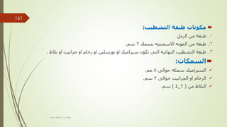 
‫التشطيب‬ ‫طبقة‬ ‫مكونات‬
:
.
‫الرمل‬ ‫من‬ ‫طبقة‬ 1
.
‫بسمك‬ ‫االسمنتيه‬ ‫المونه‬ ‫من‬ ‫طبقة‬ 2
2
‫سم‬
.
.
‫بالط‬ ‫او‬ ‫جرانيت‬ ‫او‬ ‫رخام‬ ‫او‬ ‫بورسلين‬ ‫او‬ ‫سيراميك‬ ‫تكون‬ ‫التى‬ ‫النهائيه‬ ‫التشطيب‬ ‫طبقة‬ 3
.

‫السمكات‬
:

‫حوالى‬ ‫سمكه‬ ‫السيراميك‬
8
‫مم‬
.

‫حوالى‬ ‫الجرانيت‬ ‫او‬ ‫الرخام‬
2
‫سم‬
.

‫من‬ ‫البالط‬
(
2
_
4
)
‫سم‬
.
‫مهندس‬
/
‫سعيد‬ ‫ابراهيم‬
161
 
