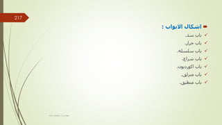 
‫االبواب‬ ‫اشكال‬
:

‫سد‬ ‫باب‬
.

‫جرار‬ ‫باب‬
.

‫سلسله‬ ‫باب‬
.

‫شراع‬ ‫باب‬
.

‫اكورديون‬ ‫باب‬
.

‫منزلق‬ ‫باب‬
.

‫منطبق‬ ‫باب‬
.
‫مهندس‬
/
‫سعيد‬ ‫ابراهيم‬
217
 