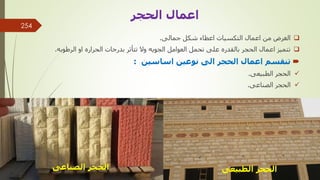 ‫الحجر‬ ‫اعمال‬

‫جمالى‬ ‫شكل‬ ‫اعطاء‬ ‫التكسيات‬ ‫اعمال‬ ‫من‬ ‫الغرض‬
.

‫الرطوبه‬ ‫او‬ ‫الحراره‬ ‫بدرجات‬ ‫تتأثر‬ ‫وال‬ ‫الجويه‬ ‫العوامل‬ ‫تحمل‬ ‫على‬ ‫بالقدره‬ ‫الحجر‬ ‫اعمال‬ ‫تتميز‬
.

‫اساسين‬ ‫نوعين‬ ‫الى‬ ‫الحجر‬ ‫اعمال‬ ‫تنقسم‬
:

‫الطبيعى‬ ‫الحجر‬
.

‫الصناعى‬ ‫الحجر‬
.
‫الطبيعى‬ ‫الحجر‬
‫الصناعى‬ ‫الحجر‬
‫مهندس‬
/
‫سعيد‬ ‫ابراهيم‬
254
 
