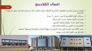 
‫الديك‬ ‫عمل‬ ‫فى‬ ‫ايضا‬ ‫تستخدم‬ ‫كما‬ ‫جمالى‬ ‫شكل‬ ‫العطاء‬ ‫الخارجيه‬ ‫الواجهات‬ ‫لتكسية‬ ‫تستخدم‬ ‫الواح‬
‫ورات‬
‫الداخليه‬
.

‫الكالدينج‬ ‫الواح‬ ‫سمكات‬
(
4
‫مم‬
,
5
‫مم‬
,
6
‫مم‬
.)

‫شركه‬ ‫كل‬ ‫حسب‬ ‫تختلف‬ ‫االلوح‬ ‫مقاسات‬
.

‫للحريق‬ ‫مقاومه‬ ‫والواح‬ ‫عاديه‬ ‫الواح‬ ‫يوجد‬
.

‫واالشكال‬ ‫االلوان‬ ‫من‬ ‫الكثير‬ ‫منه‬ ‫الكالدينج‬
.

‫التنظيف‬ ‫وسهولة‬ ‫والصيانه‬ ‫التركيب‬ ‫سهولة‬ ‫و‬ ‫الحراره‬ ‫عزل‬ ‫على‬ ‫بقدرته‬ ‫الكالدينج‬ ‫يتميز‬
.

‫جودته‬ ‫زادت‬ ‫كلما‬ ‫اللوح‬ ‫وزن‬ ‫قل‬ ‫كلما‬
.
‫الكالدينج‬ ‫اعمال‬
‫مهندس‬
/
‫سعيد‬ ‫ابراهيم‬
264
 