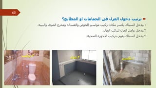 
‫المطابخ؟‬ ‫او‬ ‫الحمامات‬ ‫فى‬ ‫العزل‬ ‫دخول‬ ‫ترتيب‬
1
.
‫والبيبه‬ ‫الصرف‬ ‫ومخرج‬ ‫والغساله‬ ‫الحوض‬ ‫مواسير‬ ‫تركيب‬ ‫مكان‬ ‫يكسر‬ ‫السباك‬ ‫يدخل‬
.
2
.
‫العزل‬ ‫ليركب‬ ‫العزل‬ ‫عامل‬ ‫يدخل‬
.
3
.
‫الصحيه‬ ‫االجهزه‬ ‫بتركيب‬ ‫يقوم‬ ‫السباك‬ ‫يدخل‬
.
1
.
‫تكسير‬
3
.
‫تركيب‬ 2
.
‫عزل‬
‫مهندس‬
/
‫سعيد‬ ‫ابراهيم‬
65
 