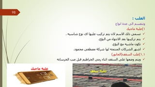 ‫العلب‬
:
‫انواع‬ ‫عدة‬ ‫الى‬ ‫وتنقسم‬
1
)
‫ماجيك‬ ‫علبة‬

‫شاسيه‬ ‫نوع‬ ‫اى‬ ‫عليها‬ ‫تركيب‬ ‫يتم‬ ‫الن‬ ‫االسم‬ ‫ذلك‬ ‫تسمى‬
.

‫البؤج‬ ‫من‬ ‫االنتهاء‬ ‫بعد‬ ‫تركيبها‬ ‫يتم‬
.

‫البؤج‬ ‫مع‬ ‫ماشيه‬ ‫تكون‬
.

‫محمود‬ ‫مصطفى‬ ‫شركة‬ ‫لها‬ ‫المنتجه‬ ‫الشركات‬ ‫اشهر‬
.
1.1
)
‫السقف‬ ‫علب‬
(
‫الخابور‬
)

‫الخرسانه‬ ‫صب‬ ‫قبل‬ ‫الخراطيم‬ ‫رمى‬ ‫اثناء‬ ‫السقف‬ ‫على‬ ‫وضعها‬ ‫ويتم‬
‫ماجيك‬ ‫علبة‬
‫سقف‬ ‫علبة‬
‫مهندس‬
/
‫سعيد‬ ‫ابراهيم‬
98
 