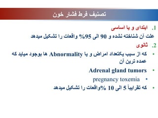 .1
‫اساسی‬ ‫یا‬ ‫و‬ ‫ابتدای‬
‫و‬ ‫نشده‬ ‫شناخته‬ ‫آن‬ ‫علت‬
90
‫الی‬
95
%
‫میدهد‬ ‫تشکیل‬ ‫را‬ ‫واقعات‬
.2
‫ثانوی‬
•
‫یا‬ ‫و‬ ‫امراض‬ ‫یکتعداد‬ ‫سبب‬ ‫از‬ ‫که‬
Abnormality
‫که‬ ‫میاید‬ ‫بوجود‬ ‫ها‬
‫آن‬ ‫ترین‬ ‫عمده‬
•
Adrenal gland tumors
•
pregnancy toxemia
•
‫که‬
ً‫ا‬‫تقرایب‬
5
‫الی‬
10
%
‫میدهد‬ ‫تشکیل‬ ‫را‬ ‫واقعات‬
‫خون‬ ‫فشار‬ ‫فرط‬ ‫تصنیف‬
 